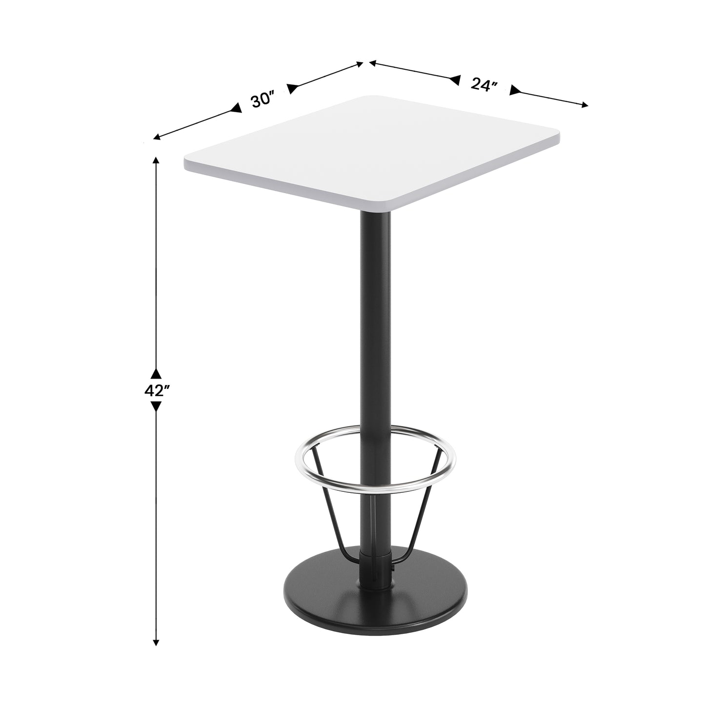 Stiles 24'' x 30'' White Rectangular Laminate Table Top with Black 18" Round Bar Height Table Base with Footring White