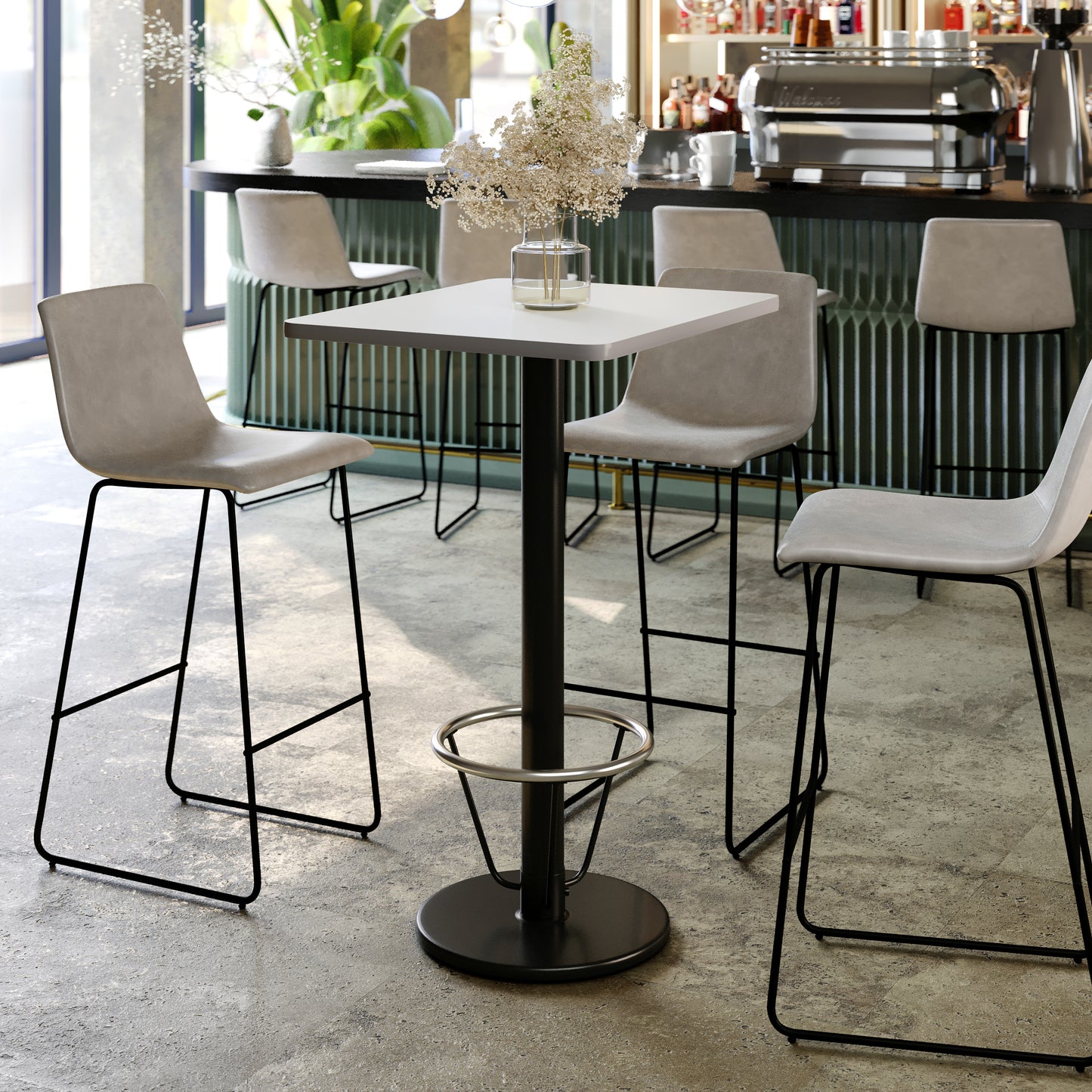 Stiles 24'' x 30'' White Rectangular Laminate Table Top with Black 18" Round Bar Height Table Base with Footring White