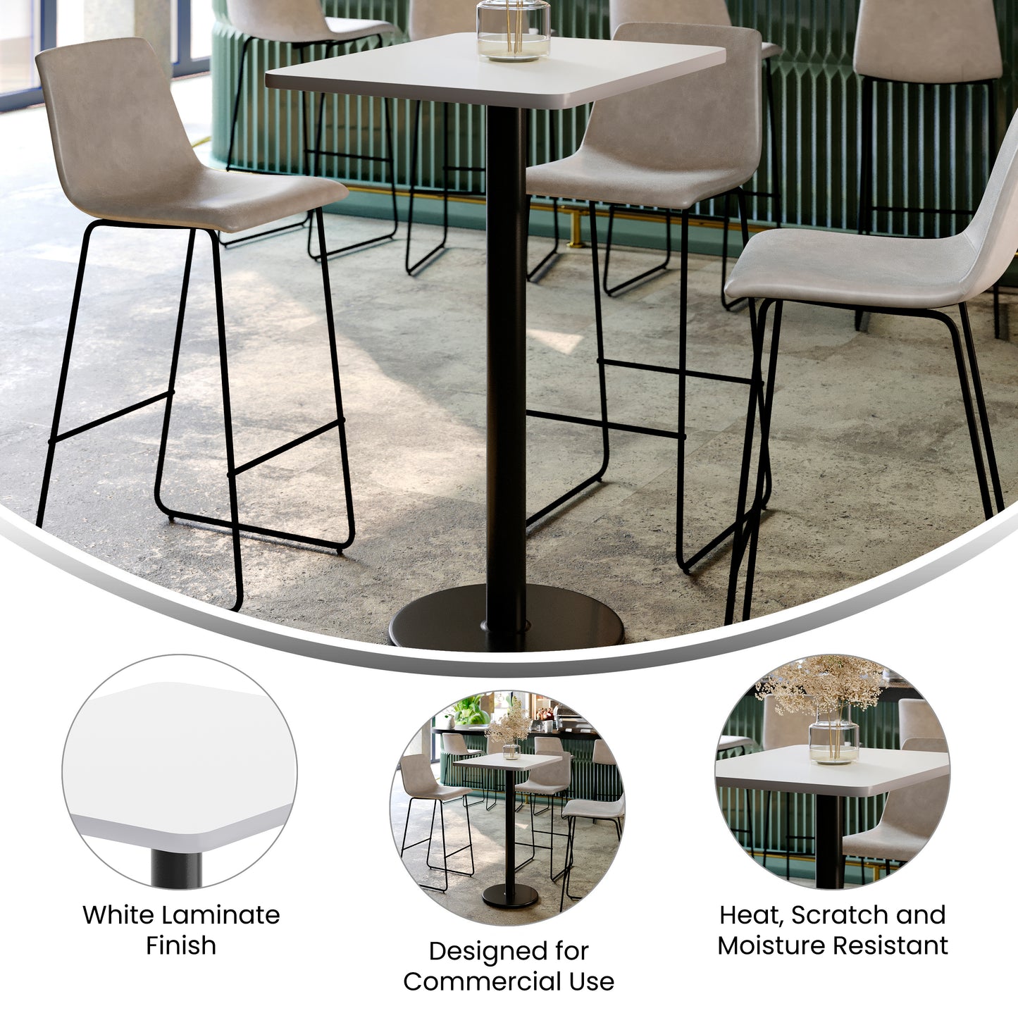 Stiles 24'' x 30'' White Rectangular Laminate Table Top with Black 18" Round Bar Height Table Base White