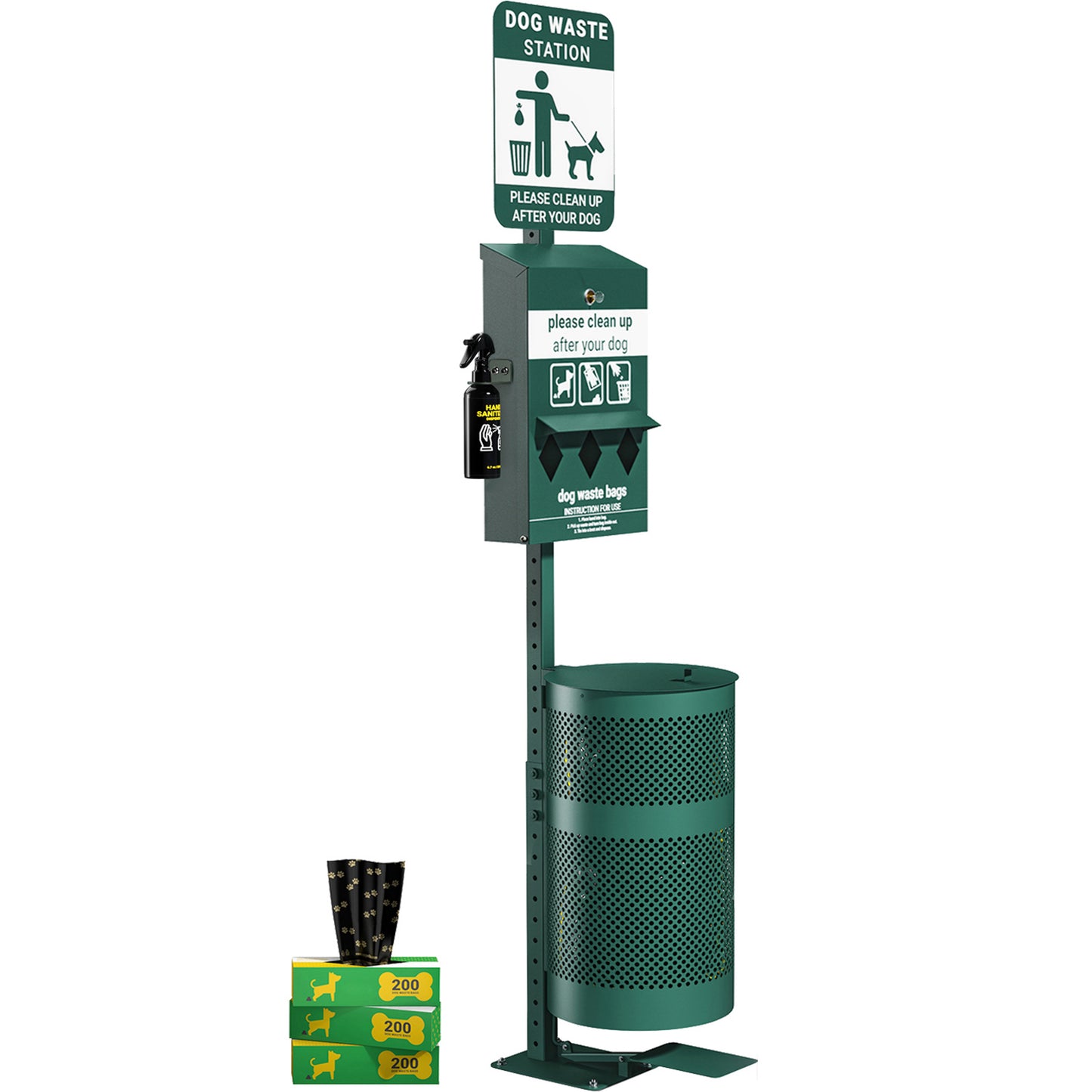 Kessler Pet Waste Station with Pedal Trash Can, Glow in the Dark Sign, Roll Bag Dispenser, Hand Sanitizer Bottle with 600 Waste Bags and 50 Can Liners Green