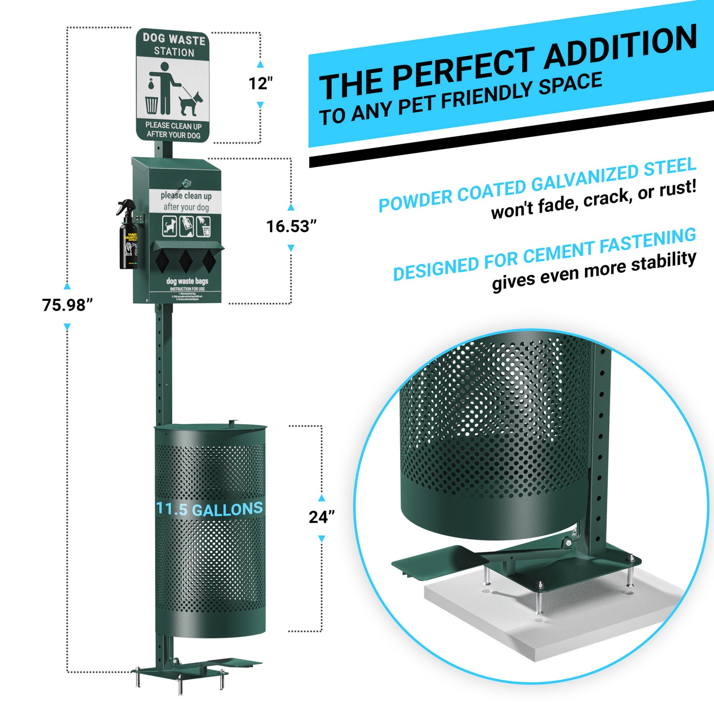 Kessler Pet Waste Station with Pedal Trash Can, Glow in the Dark Sign, Roll Bag Dispenser, Hand Sanitizer Bottle with 600 Waste Bags and 50 Can Liners Green