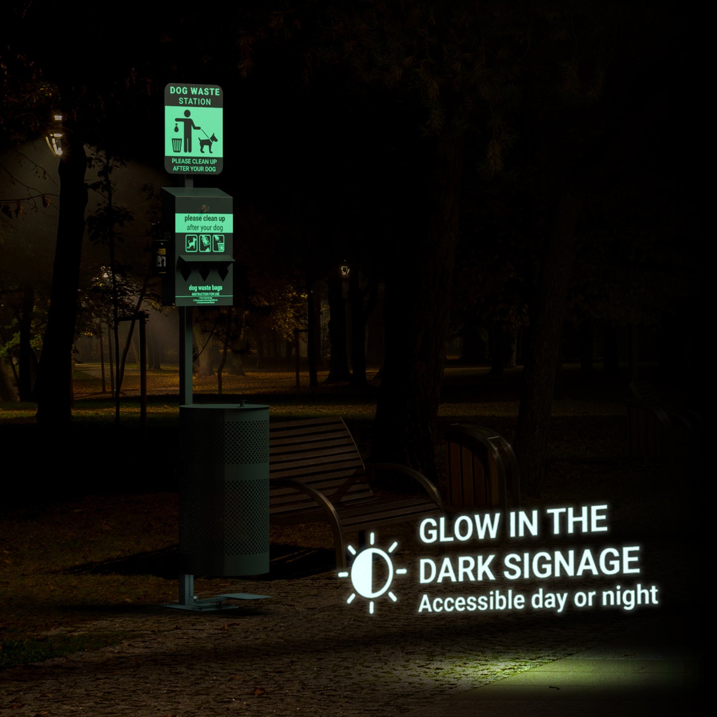Kessler Pet Waste Station with Pedal Trash Can, Glow in the Dark Sign, Roll Bag Dispenser, Hand Sanitizer Bottle with 600 Waste Bags and 50 Can Liners Green