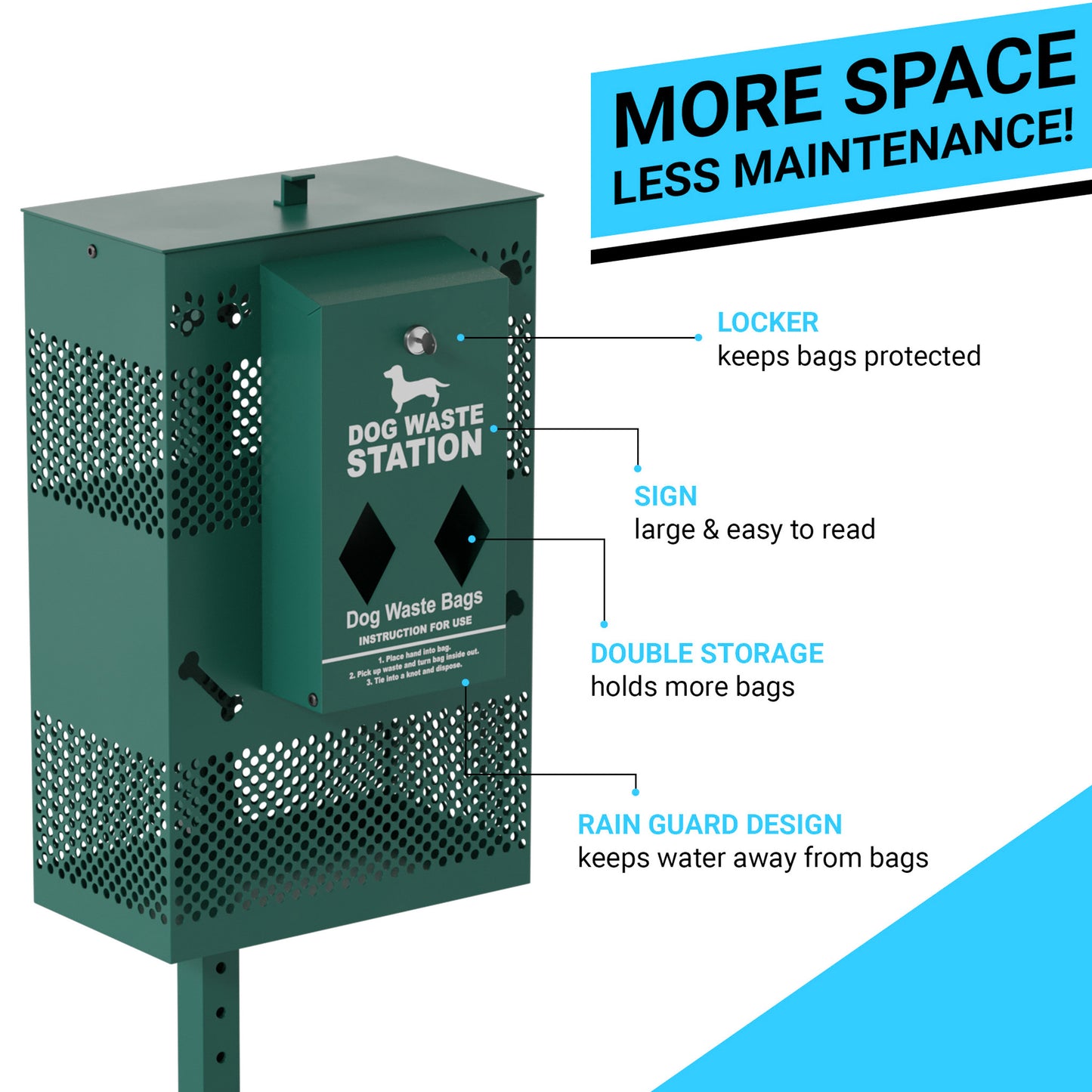 Kessler Compact Dog Waste Station with Rectangular Lidded Trash Can and Locking Roll Waste Bag Dispenser in Green Green YAN-G5S065425-GG