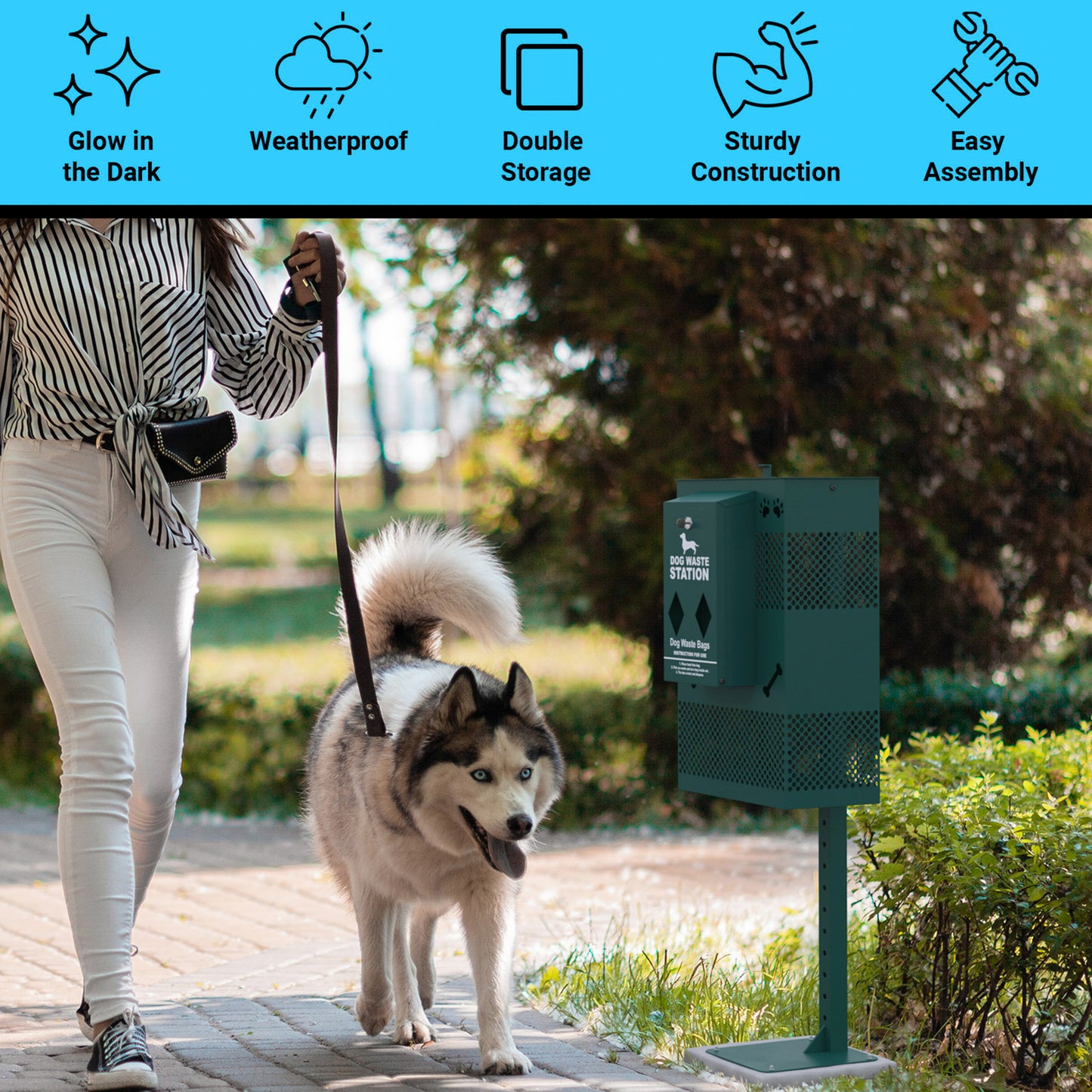 Kessler Compact Dog Waste Station with Rectangular Lidded Trash Can and Locking Roll Waste Bag Dispenser in Green Green YAN-G5S065425-GG