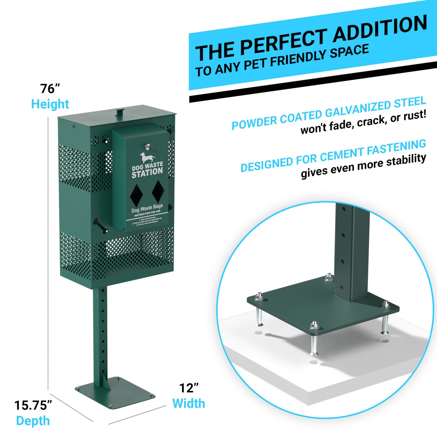 Kessler Compact Dog Waste Station with Rectangular Lidded Trash Can and Locking Roll Waste Bag Dispenser in Green Green YAN-G5S065425-GG