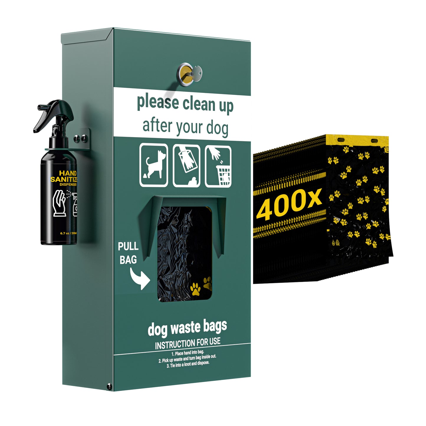 Kessler Locking Dog Waste Bag Dispenser with Glow in the Dark Sign, Hand Sanitizer Bottle and Rain Guard - 400 Pull Out Header Bags Included Green