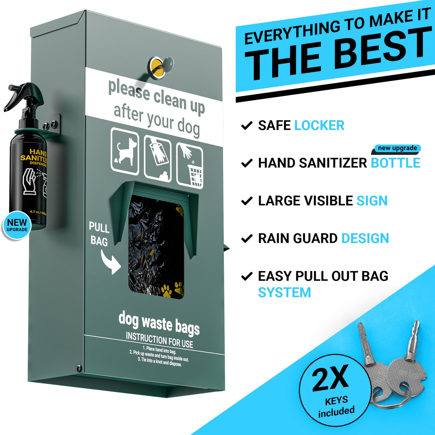 Kessler Locking Dog Waste Bag Dispenser with Glow in the Dark Sign, Hand Sanitizer Bottle and Rain Guard - 400 Pull Out Header Bags Included Green