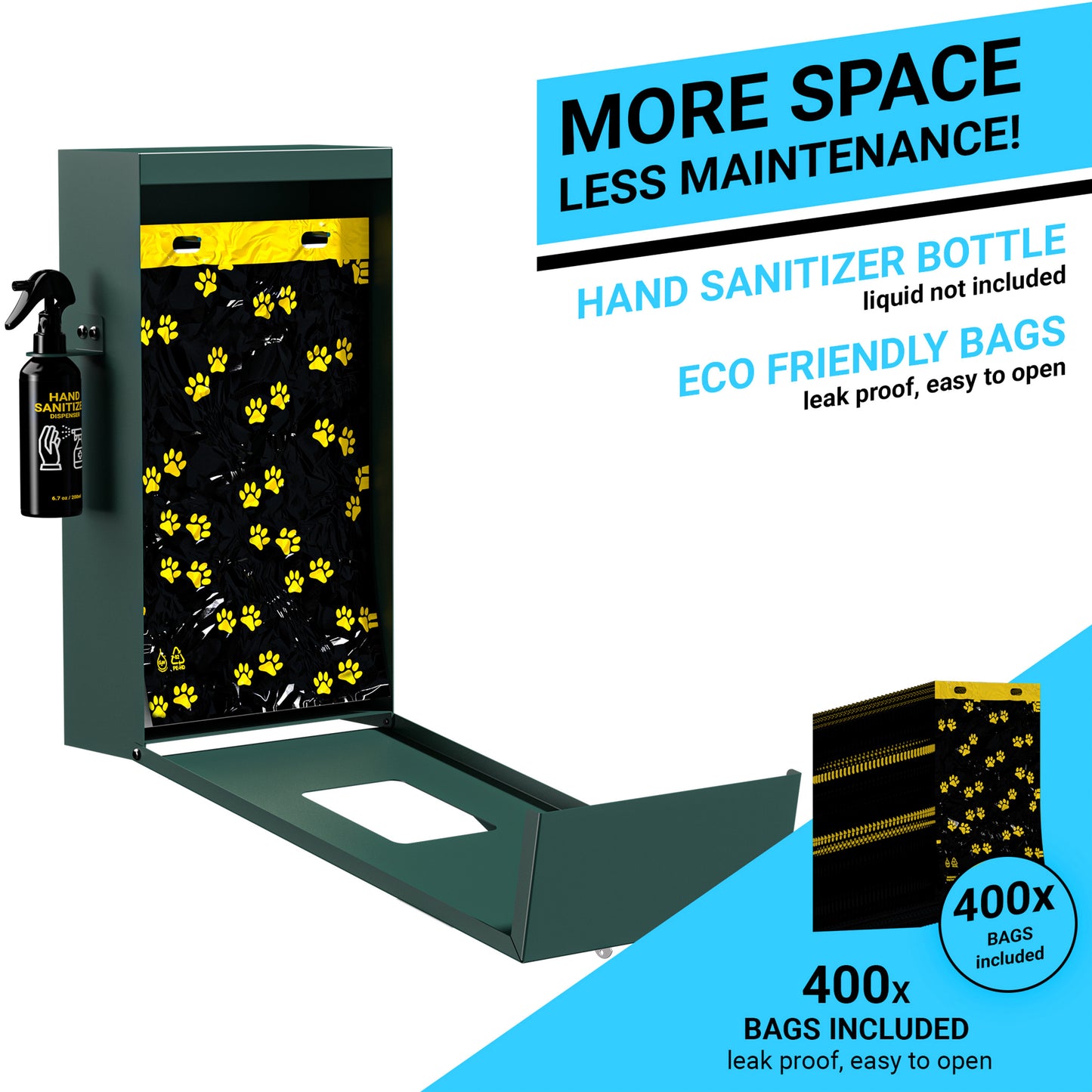 Kessler Locking Dog Waste Bag Dispenser with Glow in the Dark Sign, Hand Sanitizer Bottle and Rain Guard - 400 Pull Out Header Bags Included Green