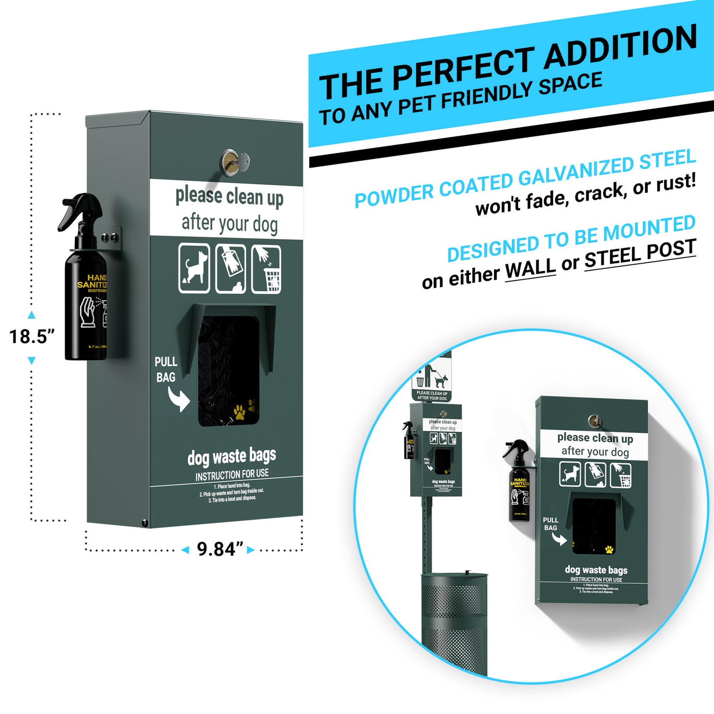 Kessler Locking Dog Waste Bag Dispenser with Glow in the Dark Sign, Hand Sanitizer Bottle and Rain Guard - 400 Pull Out Header Bags Included Green