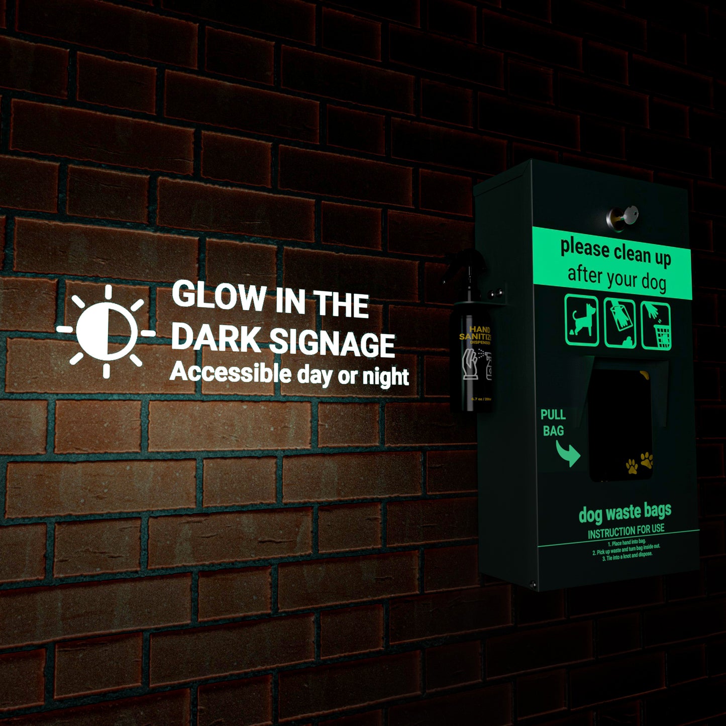Kessler Locking Dog Waste Bag Dispenser with Glow in the Dark Sign, Hand Sanitizer Bottle and Rain Guard - 400 Pull Out Header Bags Included Green