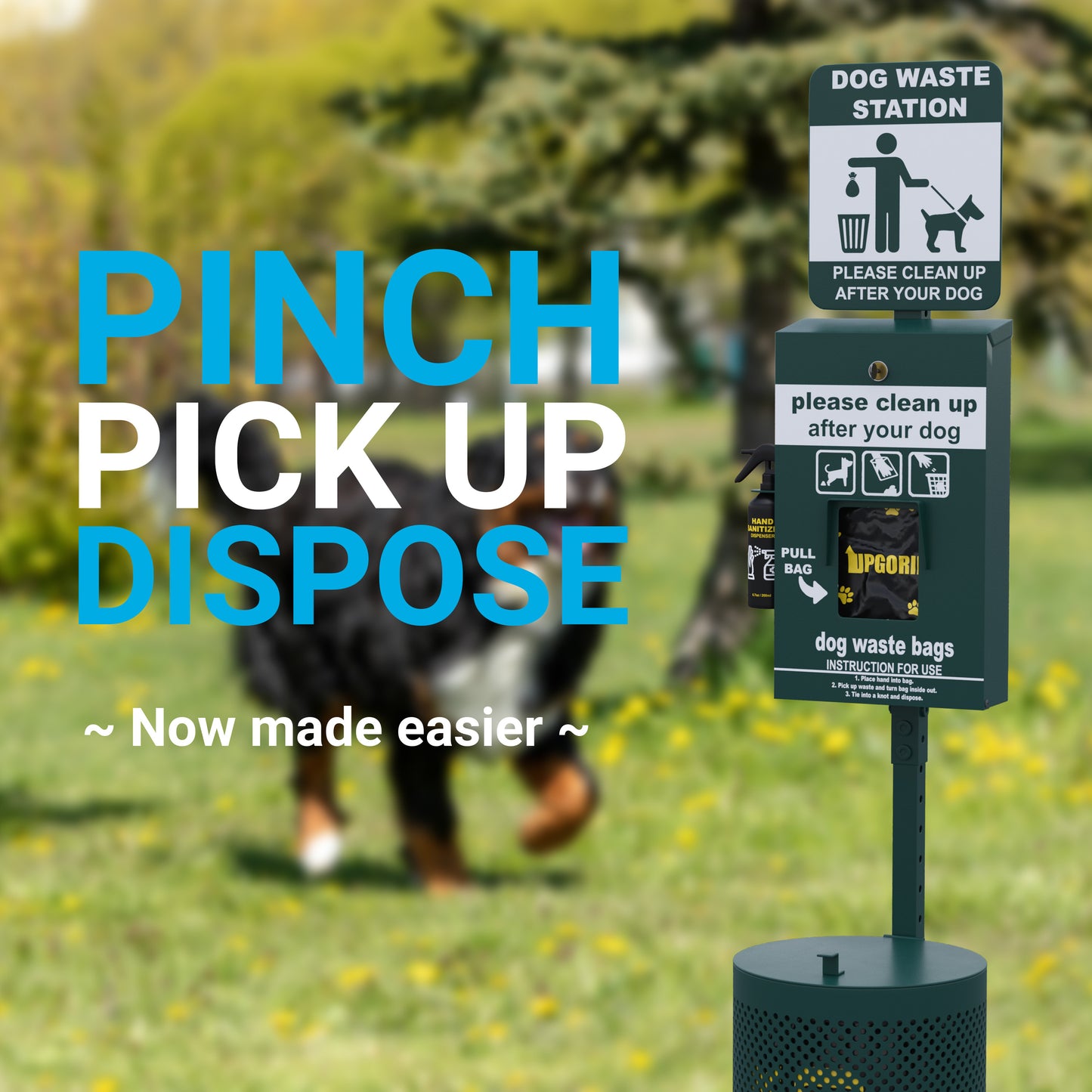 Kessler Locking Dog Waste Bag Dispenser with Glow in the Dark Sign, Hand Sanitizer Bottle and Rain Guard - 400 Pull Out Header Bags Included Green
