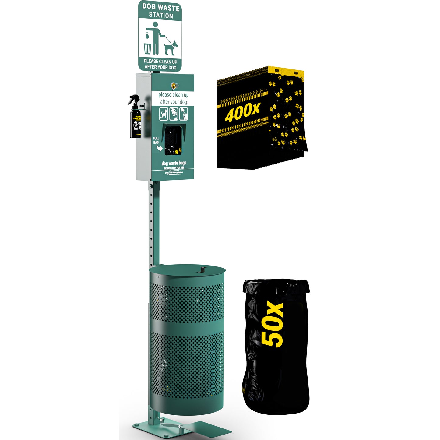 Kessler Pet Waste Station with Pedal Trash Can, Glow in the Dark Sign, Pull-Out Bag Dispenser, Hand Sanitizer Bottle, 400 Waste Bags and 50 Can Liners Green