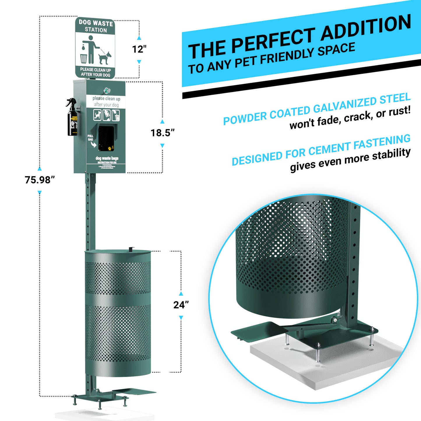 Kessler Pet Waste Station with Pedal Trash Can, Glow in the Dark Sign, Pull-Out Bag Dispenser, Hand Sanitizer Bottle, 400 Waste Bags and 50 Can Liners Green
