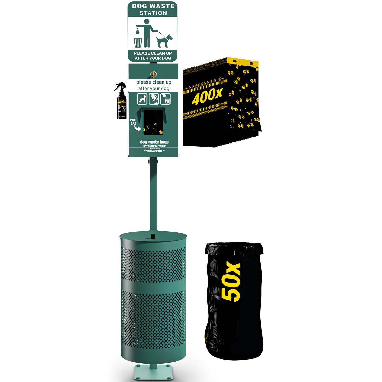 Kessler Pet Waste Station with Glow in the Dark Sign, Bag Dispenser, Sanitizer Bottle, Trash Can with Lid - Includes 400 Pull Out Bags & 50 Can Liners Green
