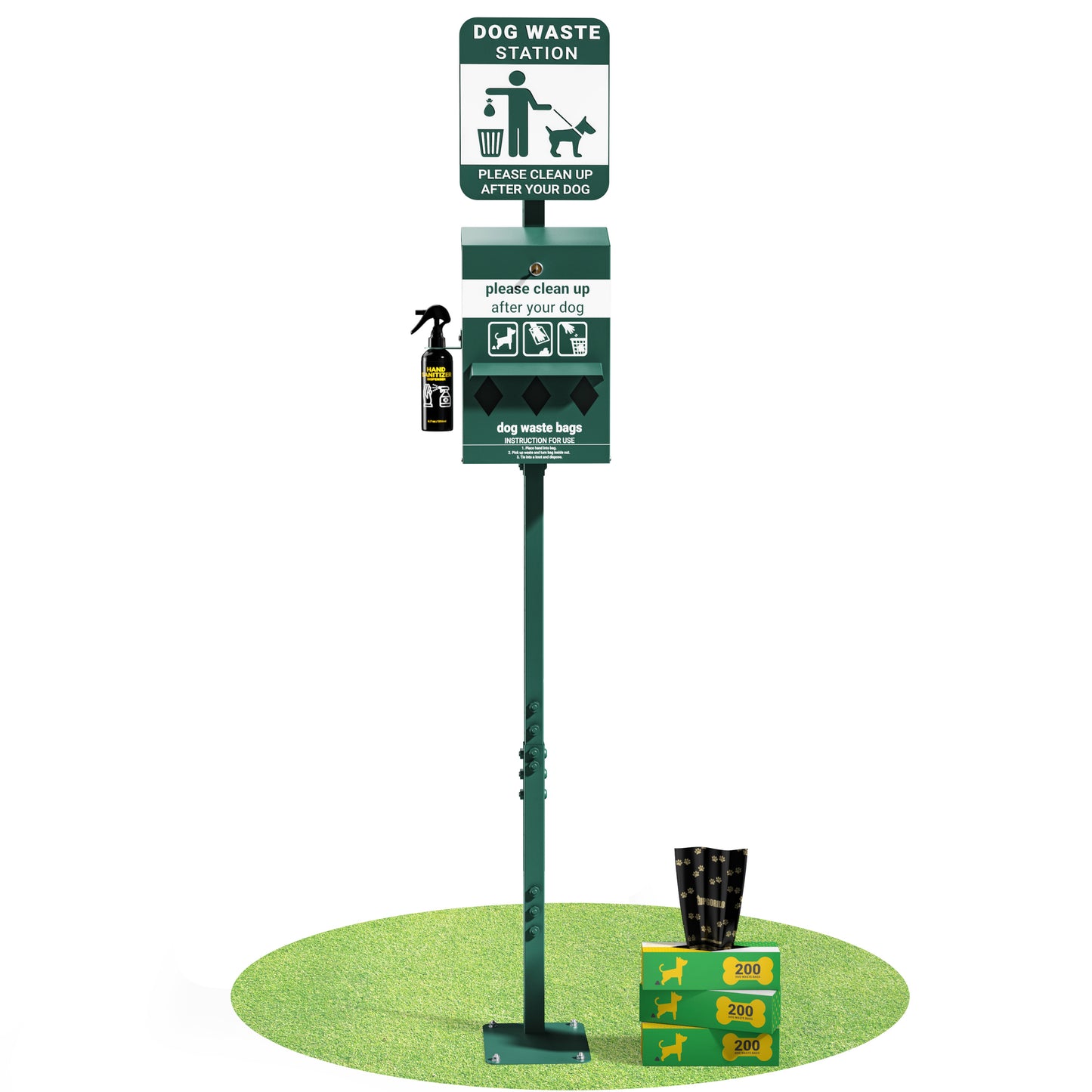 Kessler Mini Pet Waste Station with Glow in the Dark Sign, Roll Waste Bag Dispenser, and Hand Sanitizer Bottle - 600 Bags Included Green