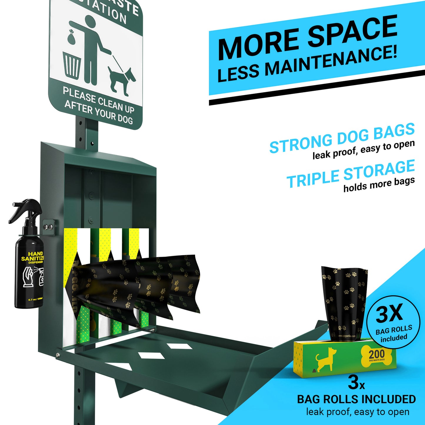 Kessler Mini Pet Waste Station with Glow in the Dark Sign, Roll Waste Bag Dispenser, and Hand Sanitizer Bottle - 600 Bags Included Green