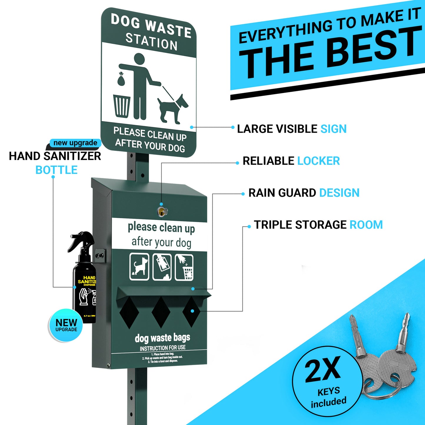 Kessler Mini Pet Waste Station with Glow in the Dark Sign, Roll Waste Bag Dispenser, and Hand Sanitizer Bottle - 600 Bags Included Green