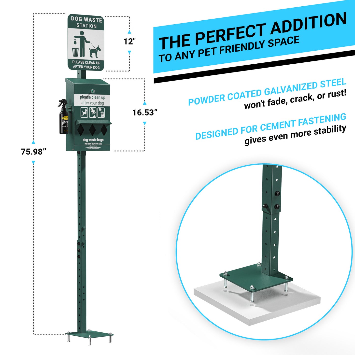 Kessler Mini Pet Waste Station with Glow in the Dark Sign, Roll Waste Bag Dispenser, and Hand Sanitizer Bottle - 600 Bags Included Green