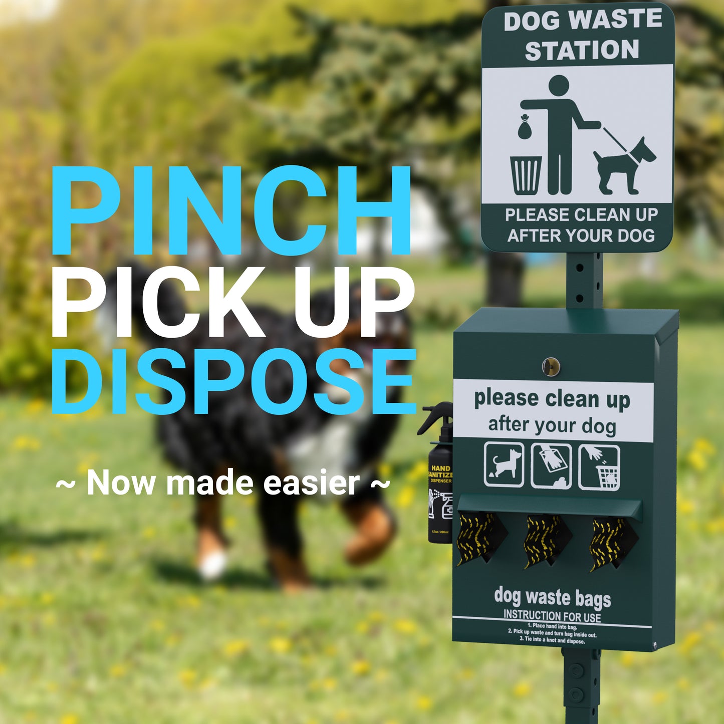Kessler Mini Pet Waste Station with Glow in the Dark Sign, Roll Waste Bag Dispenser, and Hand Sanitizer Bottle - 600 Bags Included Green
