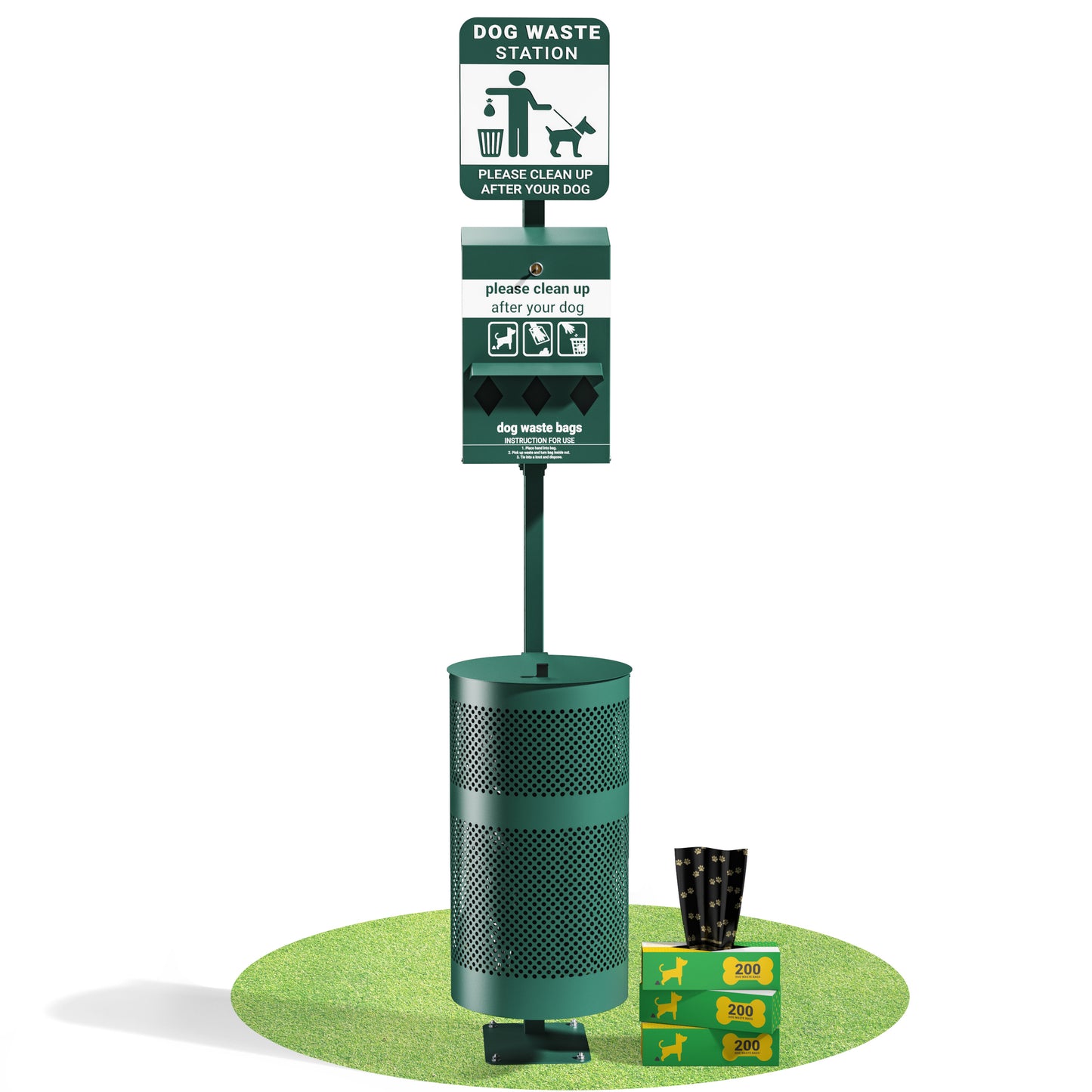 Kessler Pet Waste Station with Glow in the Dark Sign, Bag Dispenser, Sanitizer Bottle, Trash Can with Lid - Includes 600 Roll Bags & 50 Can Liners Green