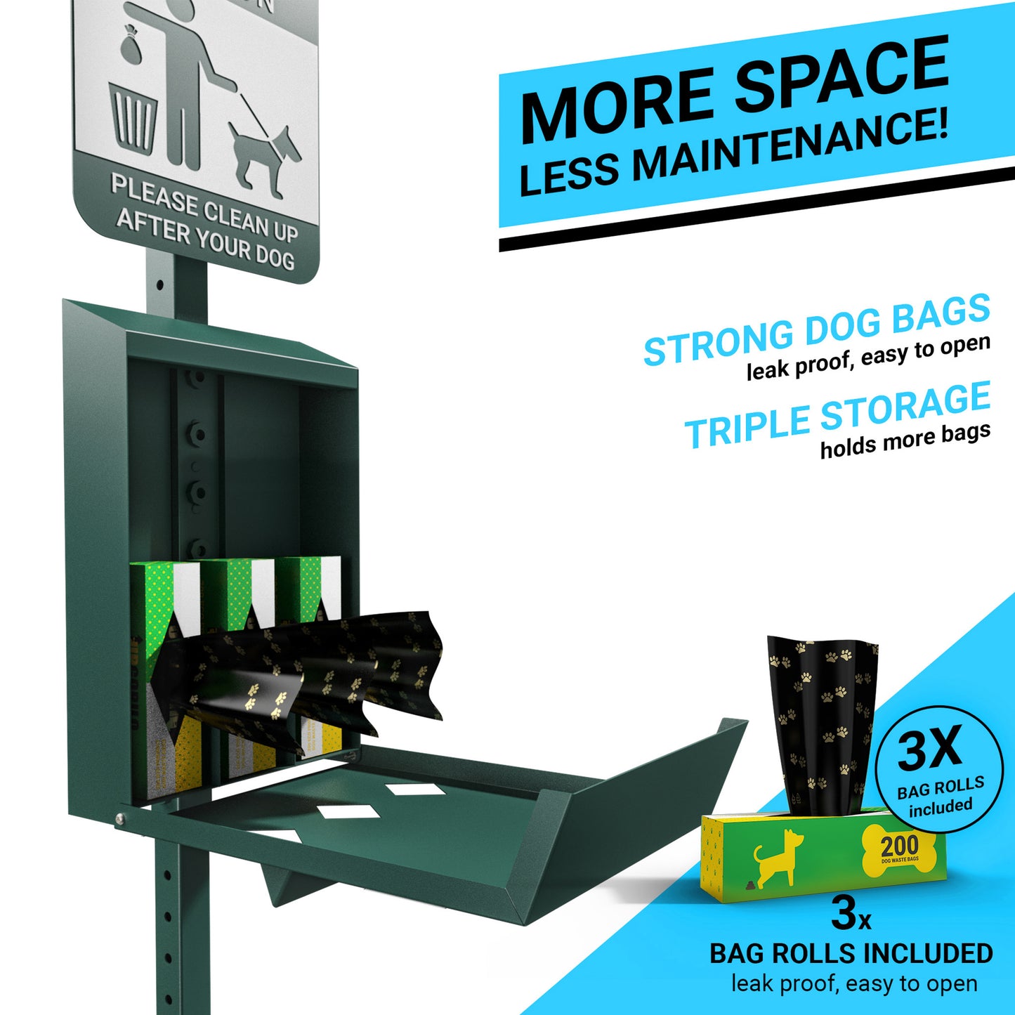 Kessler Pet Waste Station with Glow in the Dark Sign, Bag Dispenser, Sanitizer Bottle, Trash Can with Lid - Includes 600 Roll Bags & 50 Can Liners Green