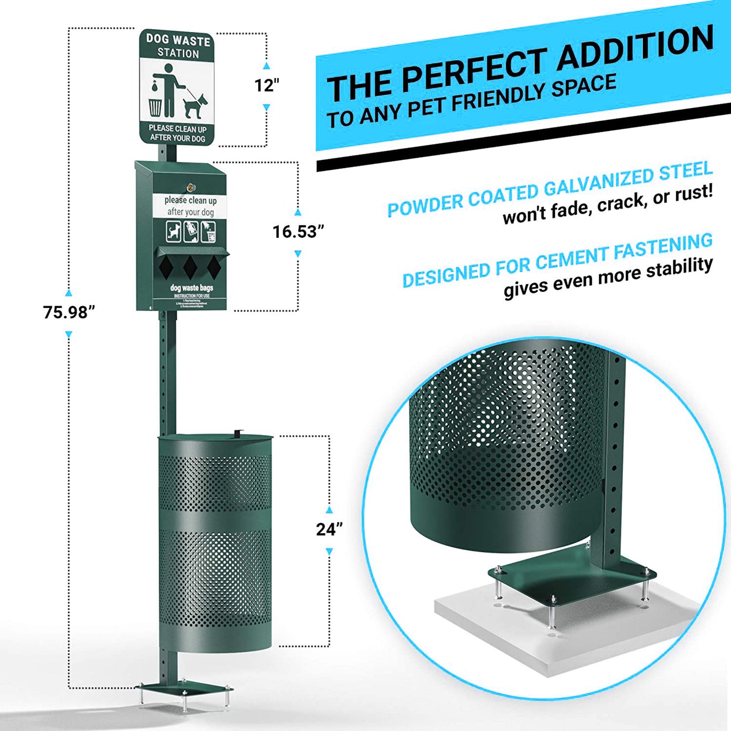 Kessler Pet Waste Station with Glow in the Dark Sign, Bag Dispenser, Sanitizer Bottle, Trash Can with Lid - Includes 600 Roll Bags & 50 Can Liners Green
