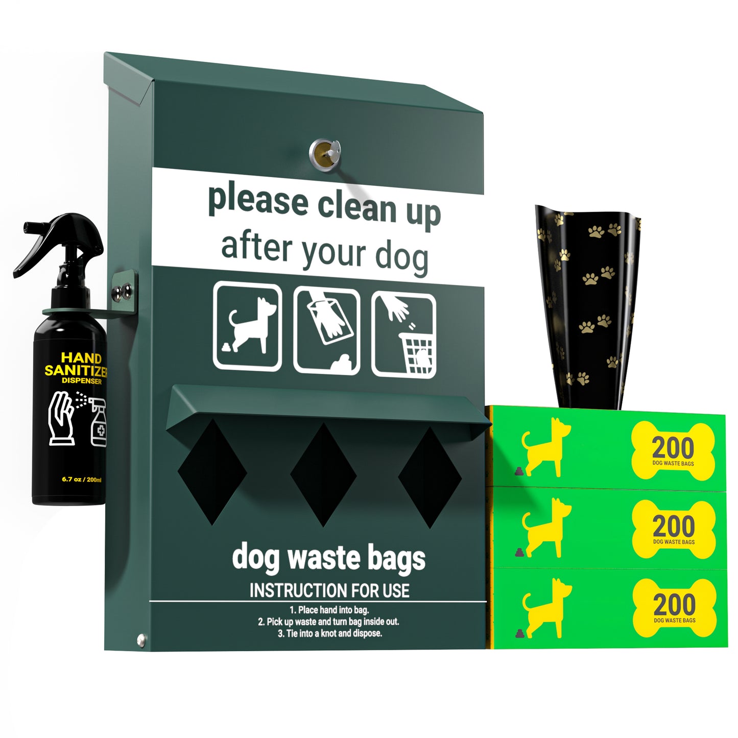 Kessler Locking Dog Waste Bag Dispenser with Glow in the Dark Sign, Hand Sanitizer Bottle and Rain Guard - 600 Roll Bags Included Green