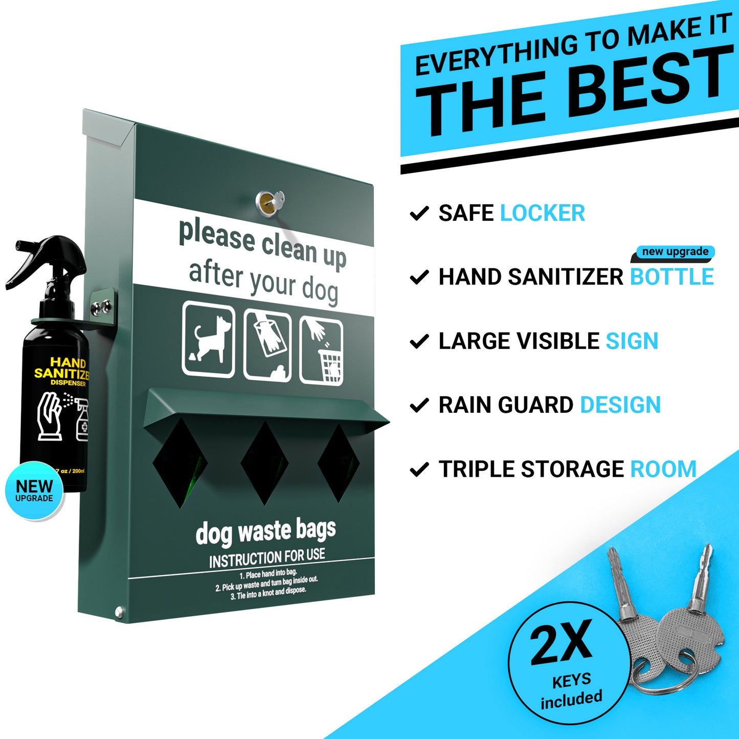 Kessler Locking Dog Waste Bag Dispenser with Glow in the Dark Sign, Hand Sanitizer Bottle and Rain Guard - 600 Roll Bags Included Green