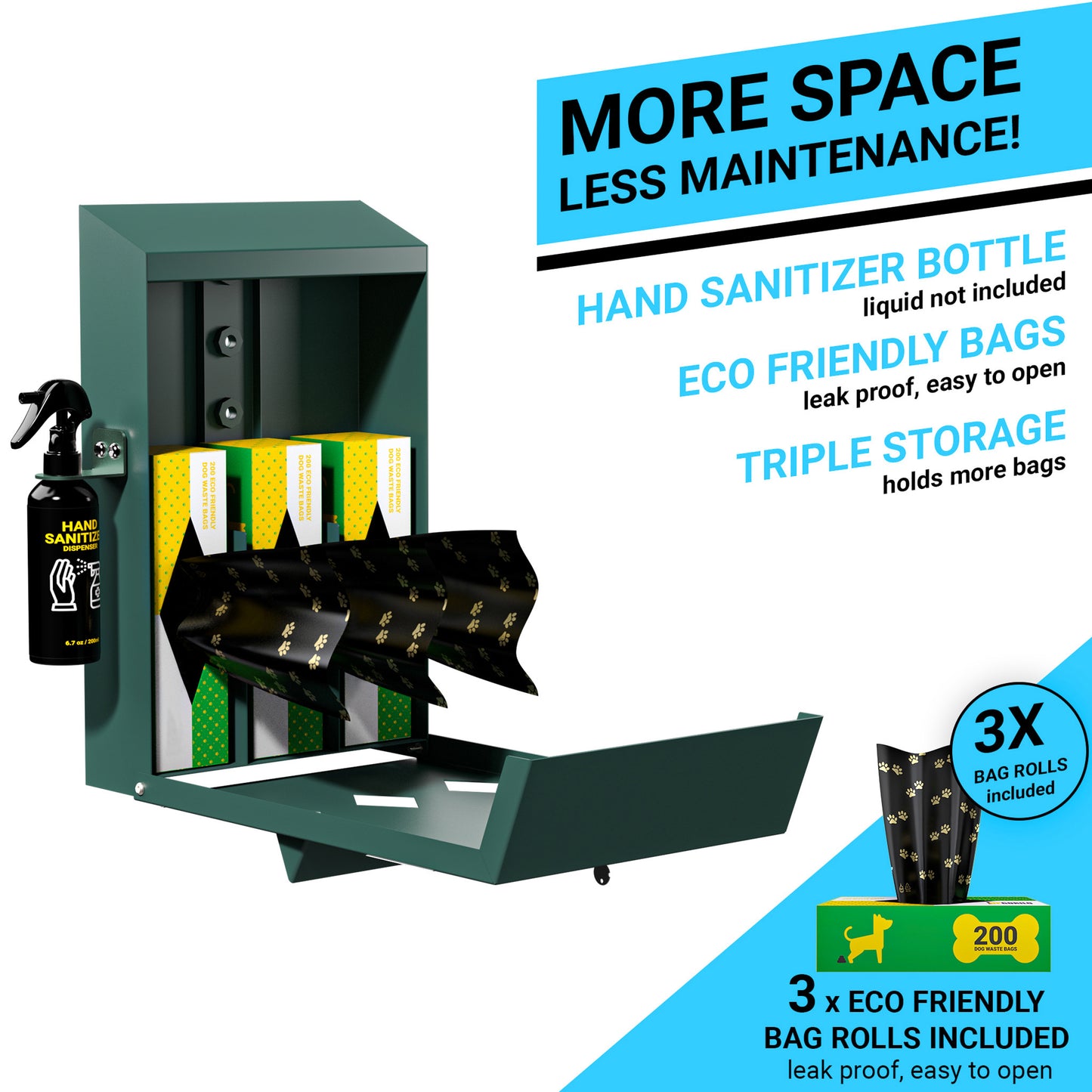 Kessler Locking Dog Waste Bag Dispenser with Glow in the Dark Sign, Hand Sanitizer Bottle and Rain Guard - 600 Roll Bags Included Green