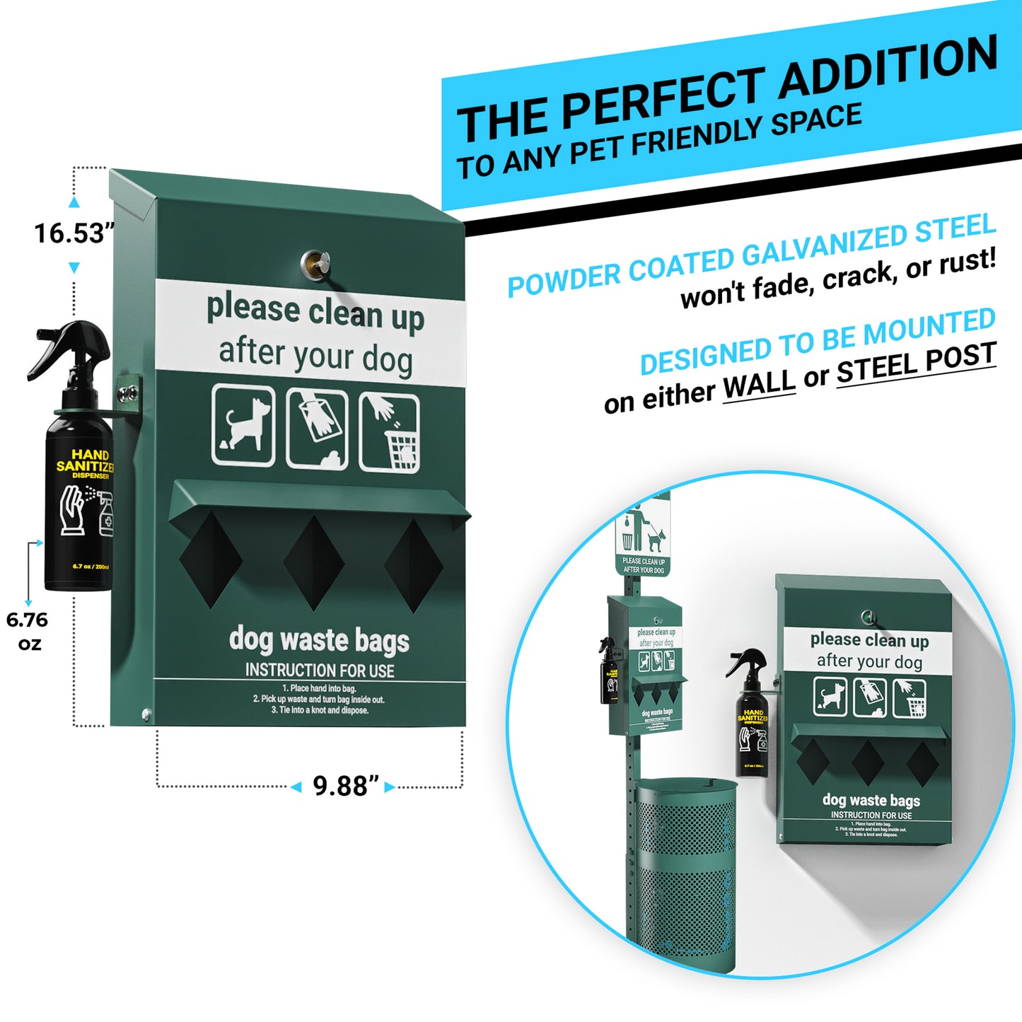 Kessler Locking Dog Waste Bag Dispenser with Glow in the Dark Sign, Hand Sanitizer Bottle and Rain Guard - 600 Roll Bags Included Green