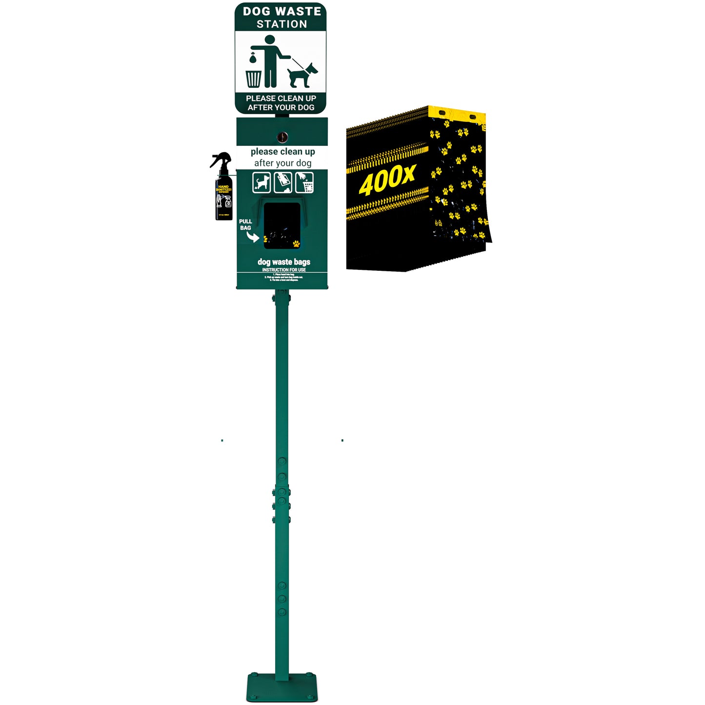Kessler Mini Pet Waste Station with Glow in the Dark Sign, Pull Out Waste Bag Dispenser, and Hand Sanitizer Bottle - 400 Bags Included Green