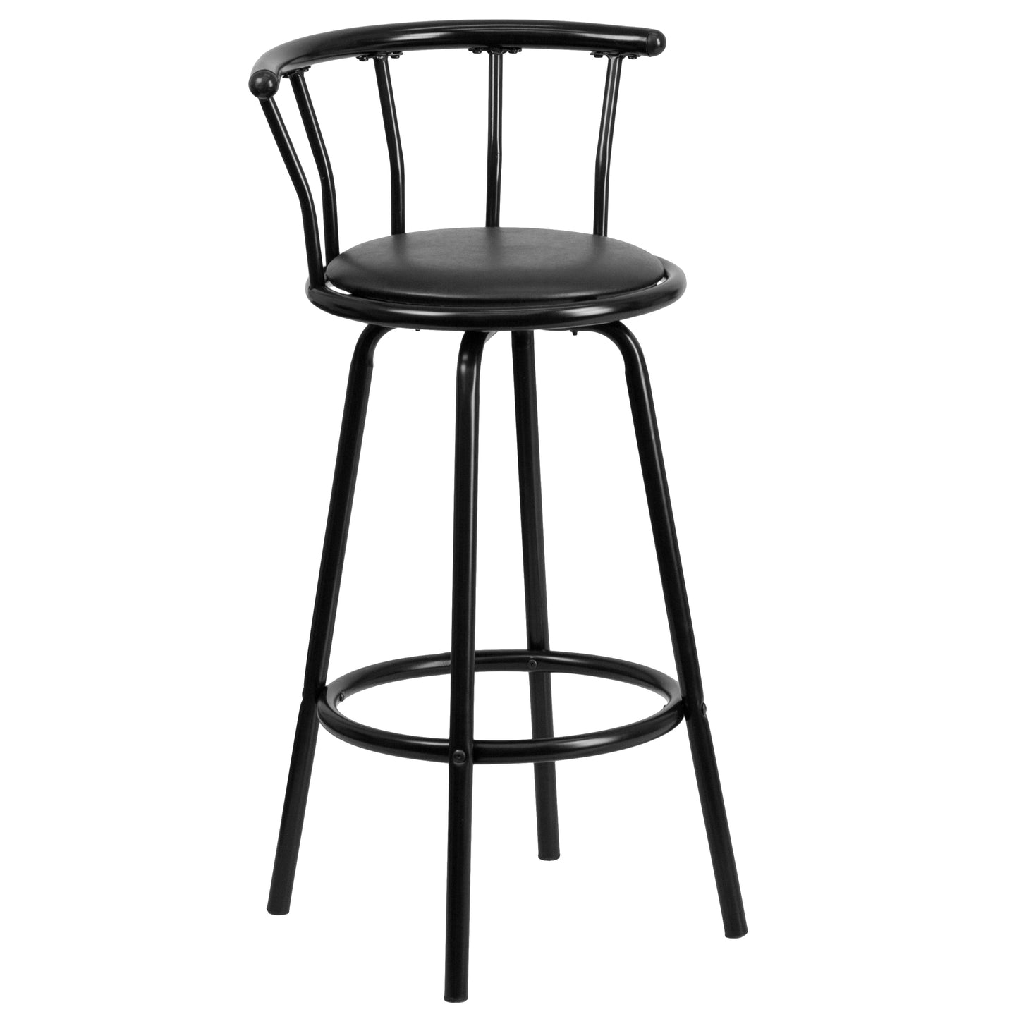 Charla Crown Back Black Metal Barstool with Black Vinyl Swivel Seat Black