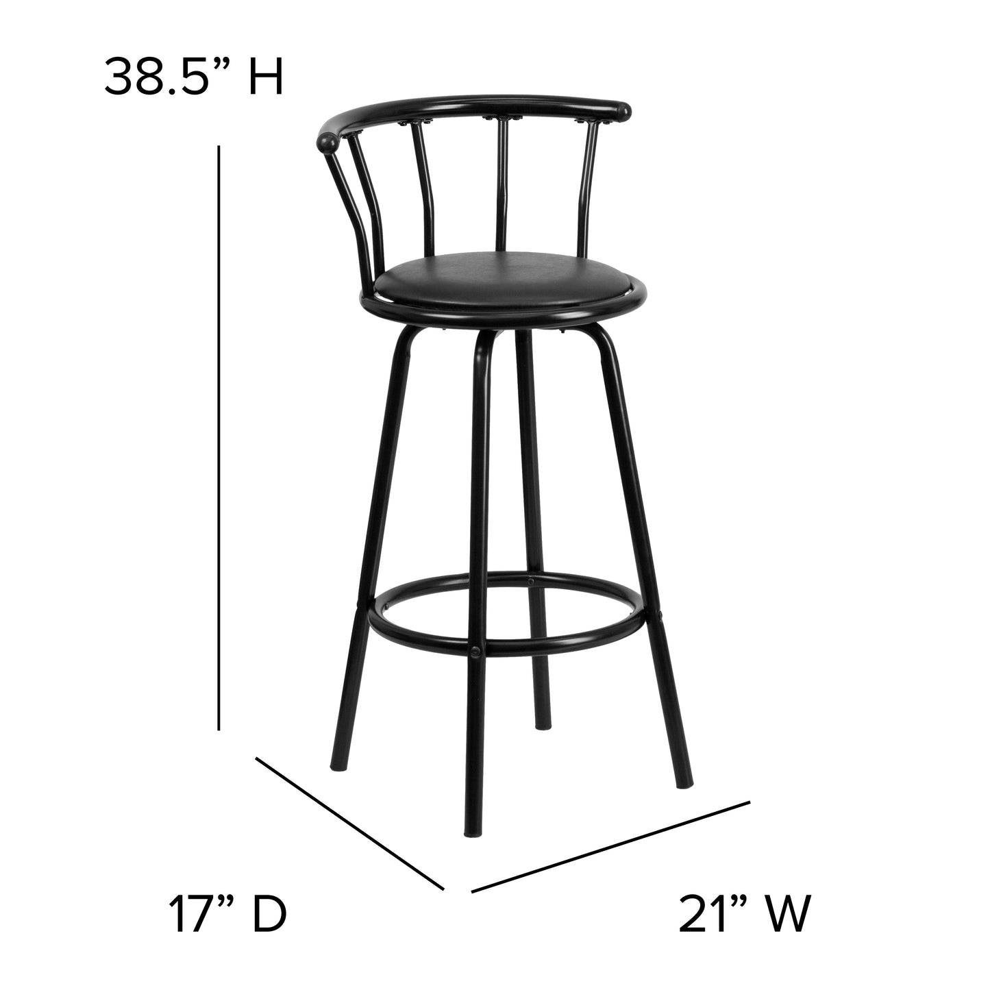 Charla Crown Back Black Metal Barstool with Black Vinyl Swivel Seat Black