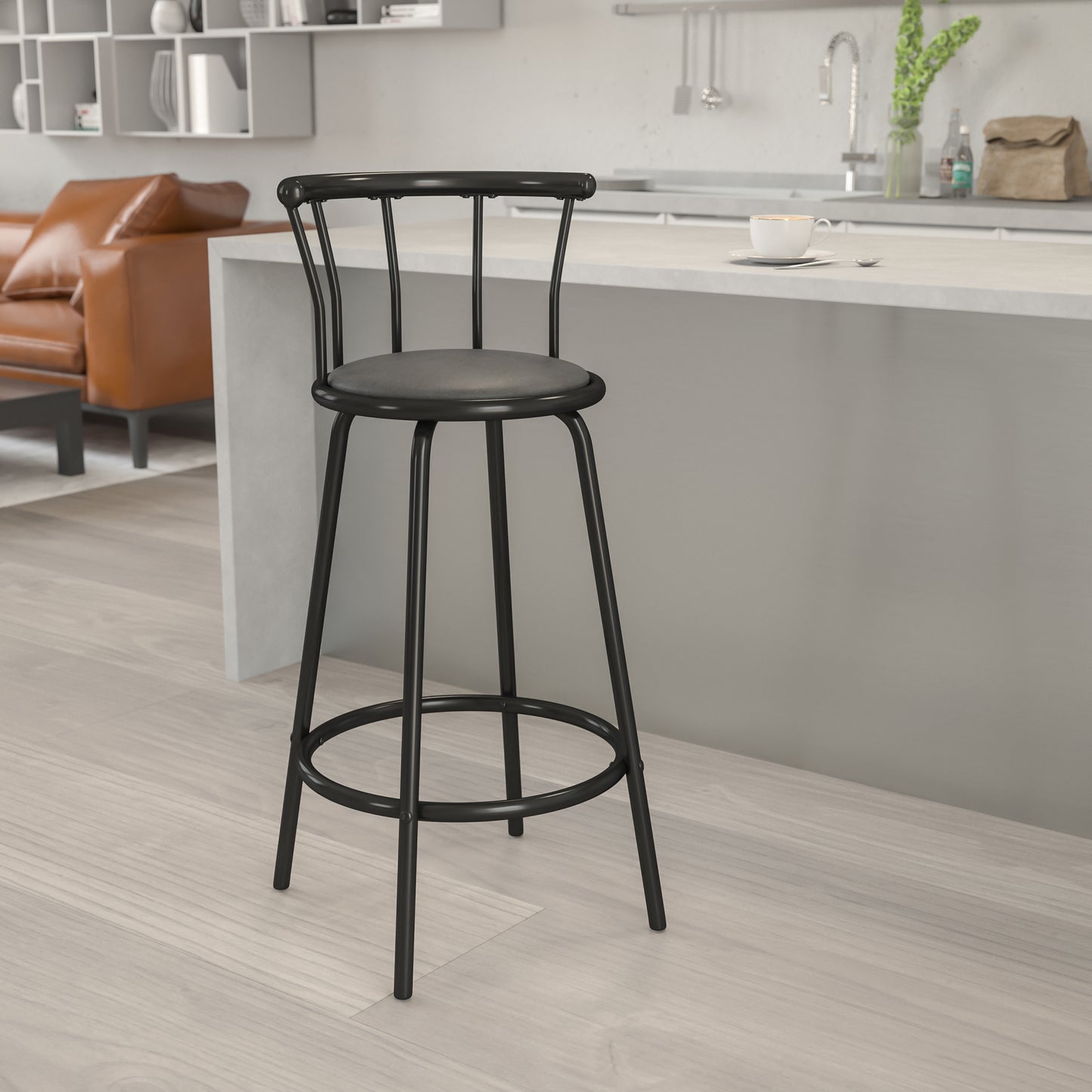 Charla Crown Back Black Metal Barstool with Black Vinyl Swivel Seat Black