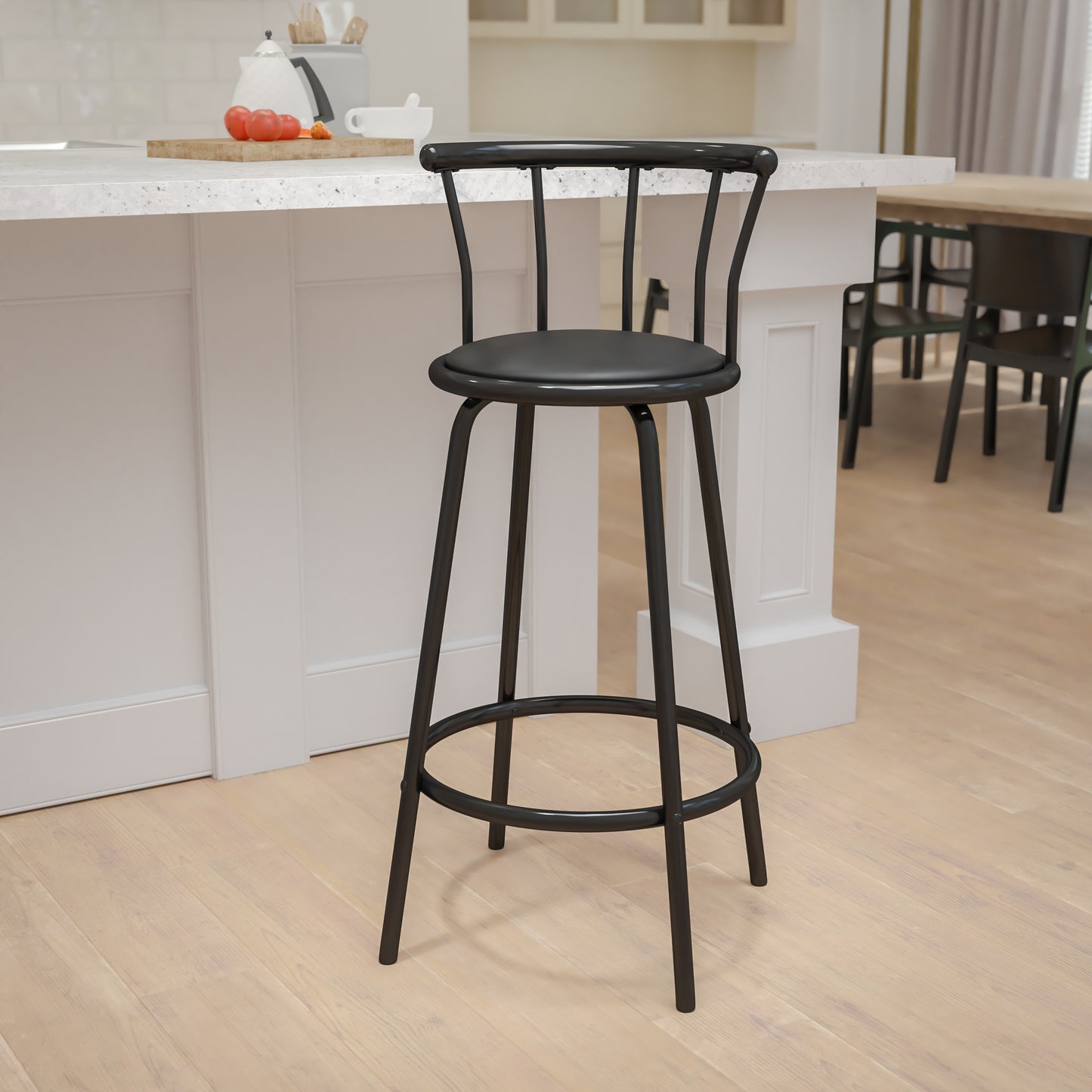 Charla Crown Back Black Metal Barstool with Black Vinyl Swivel Seat Black