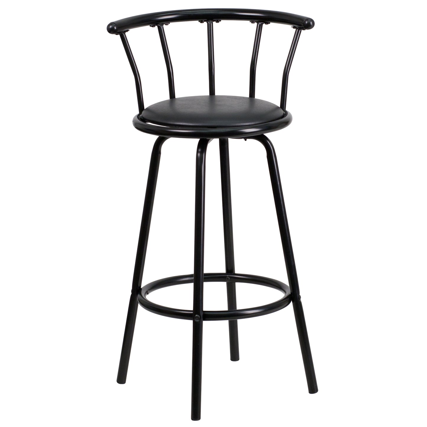 Charla Crown Back Black Metal Barstool with Black Vinyl Swivel Seat Black