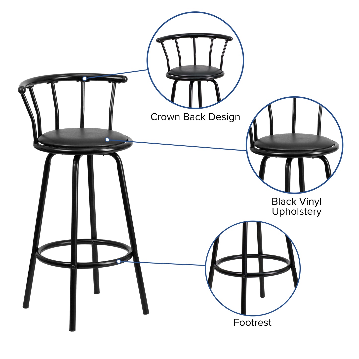 Charla Crown Back Black Metal Barstool with Black Vinyl Swivel Seat Black