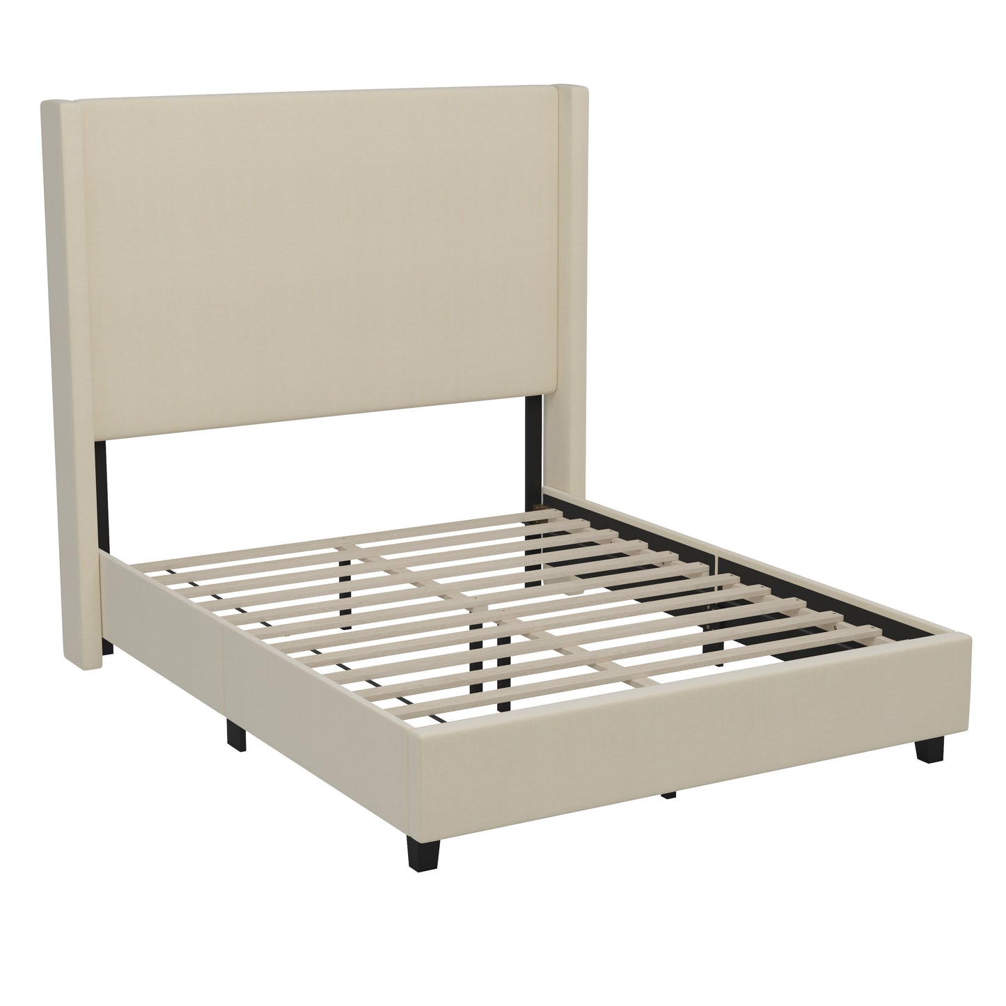 Quinn Full Upholstered Platform Bed with Channel Stitched Wingback Headboard, Mattress Foundation with Slatted Supports, No Box Spring Needed, Beige Beige