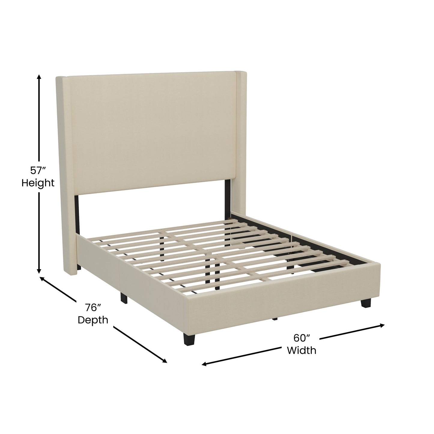 Quinn Full Upholstered Platform Bed with Channel Stitched Wingback Headboard, Mattress Foundation with Slatted Supports, No Box Spring Needed, Beige Beige
