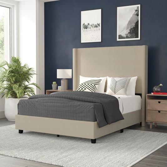Quinn Full Upholstered Platform Bed with Channel Stitched Wingback Headboard, Mattress Foundation with Slatted Supports, No Box Spring Needed, Beige Beige