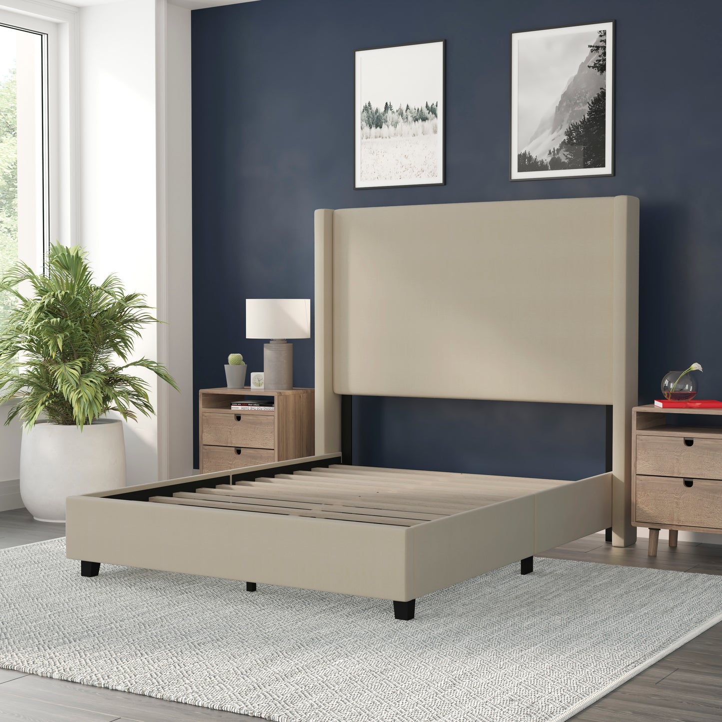 Quinn Full Upholstered Platform Bed with Channel Stitched Wingback Headboard, Mattress Foundation with Slatted Supports, No Box Spring Needed, Beige Beige