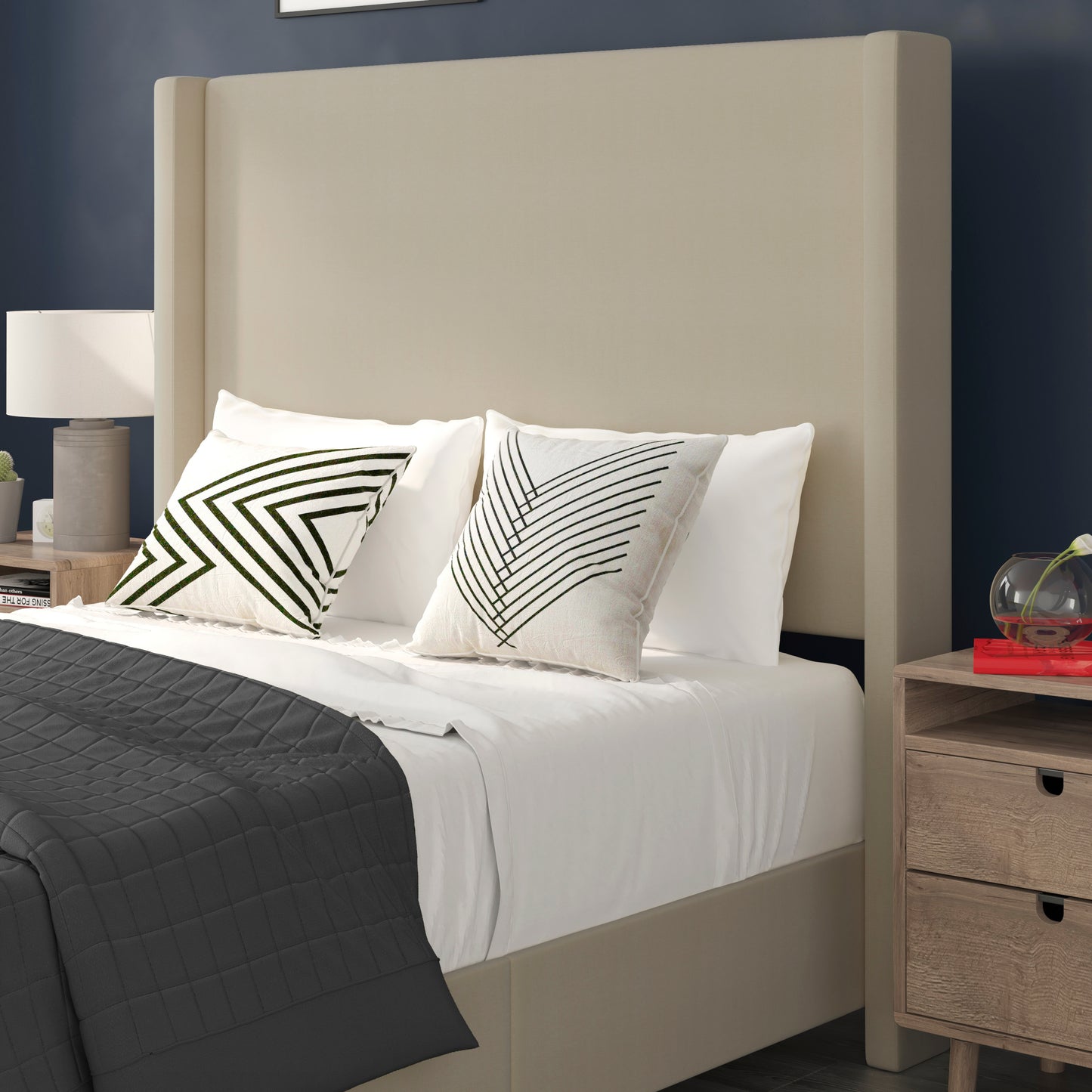 Quinn Full Upholstered Platform Bed with Channel Stitched Wingback Headboard, Mattress Foundation with Slatted Supports, No Box Spring Needed, Beige Beige