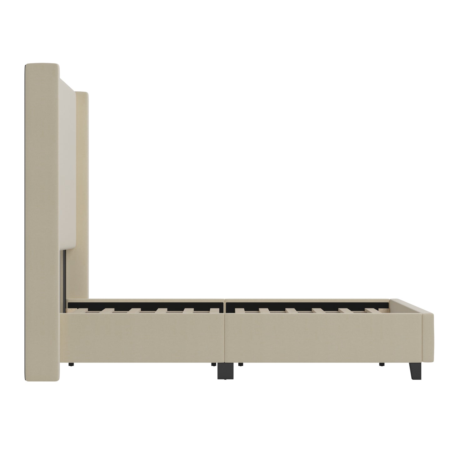 Quinn Full Upholstered Platform Bed with Channel Stitched Wingback Headboard, Mattress Foundation with Slatted Supports, No Box Spring Needed, Beige Beige