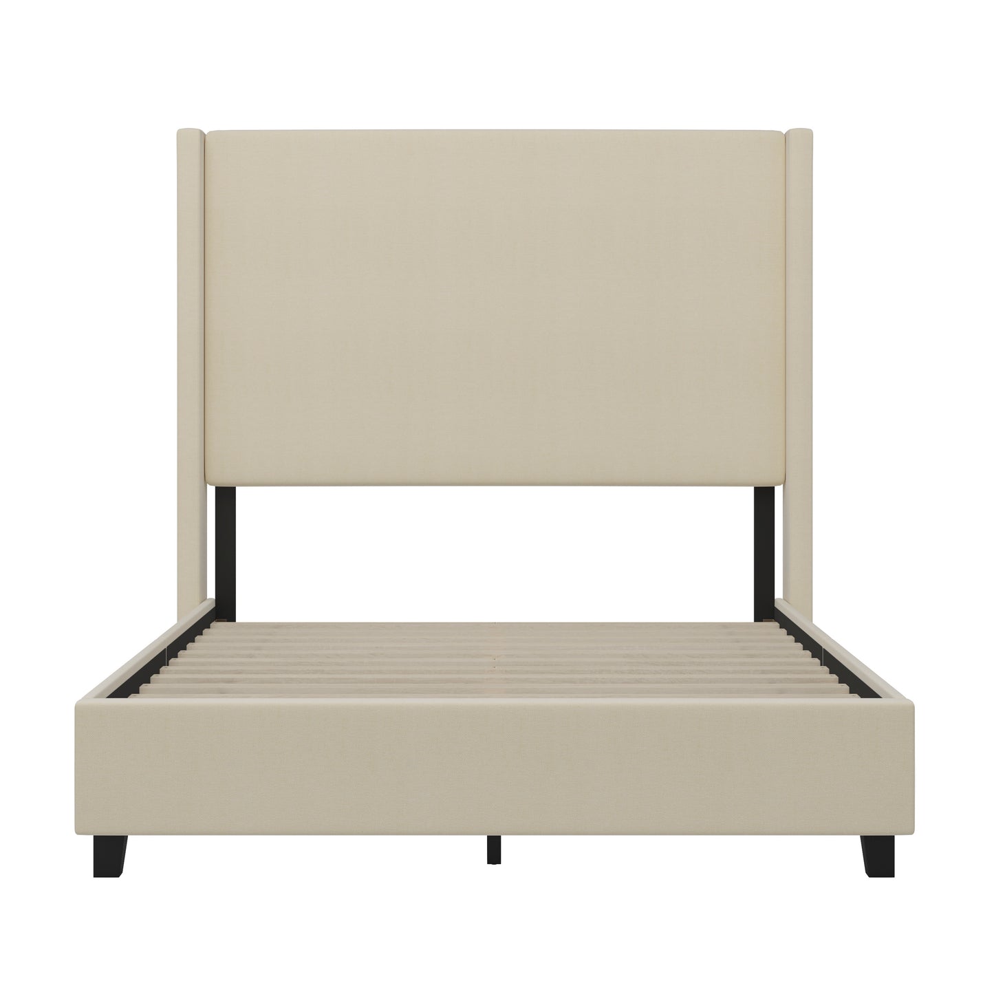 Quinn Full Upholstered Platform Bed with Channel Stitched Wingback Headboard, Mattress Foundation with Slatted Supports, No Box Spring Needed, Beige Beige