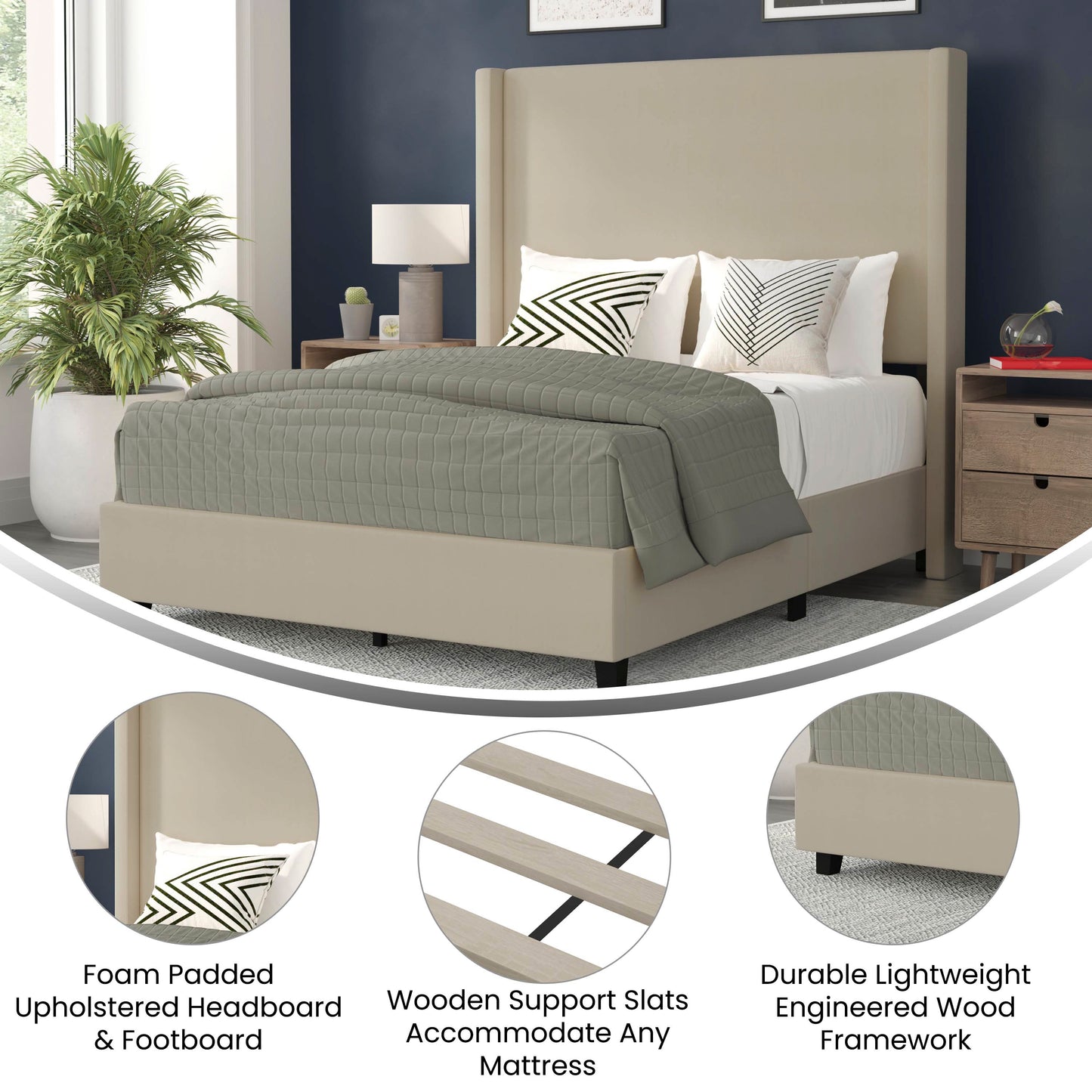 Quinn Full Upholstered Platform Bed with Channel Stitched Wingback Headboard, Mattress Foundation with Slatted Supports, No Box Spring Needed, Beige Beige