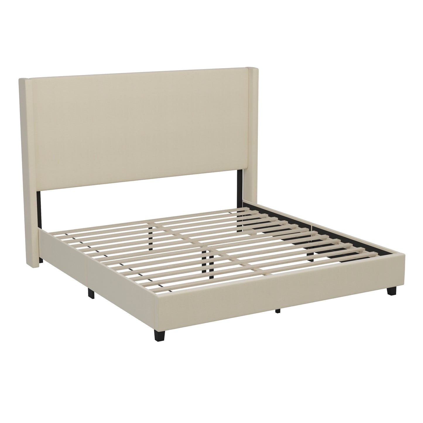 Quinn King Upholstered Platform Bed with Channel Stitched Wingback Headboard, Mattress Foundation with Slatted Supports, No Box Spring Needed, Beige Beige