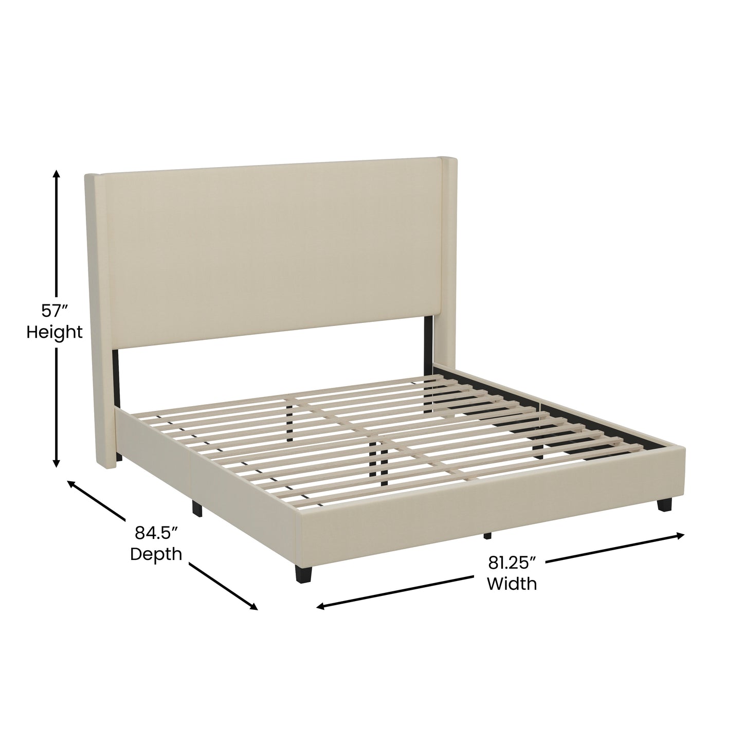 Quinn King Upholstered Platform Bed with Channel Stitched Wingback Headboard, Mattress Foundation with Slatted Supports, No Box Spring Needed, Beige Beige