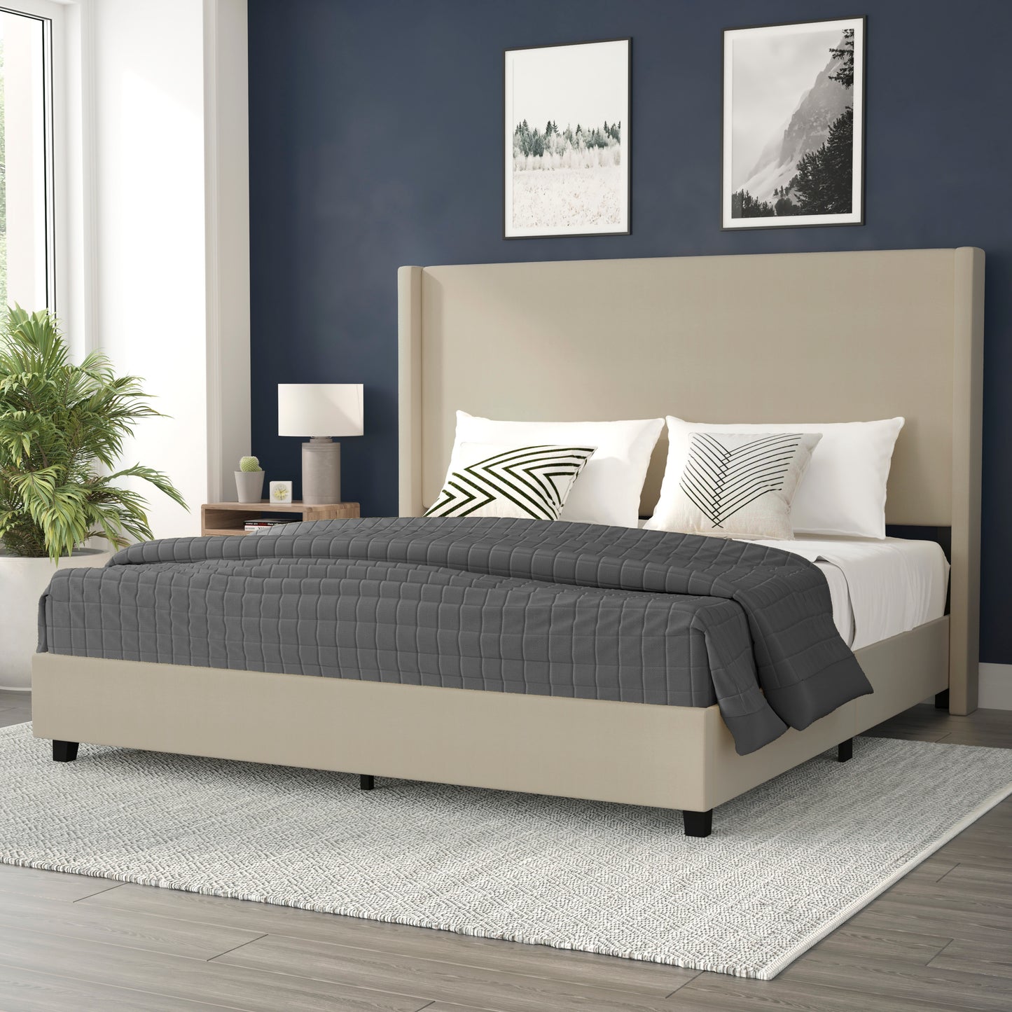 Quinn King Upholstered Platform Bed with Channel Stitched Wingback Headboard, Mattress Foundation with Slatted Supports, No Box Spring Needed, Beige Beige