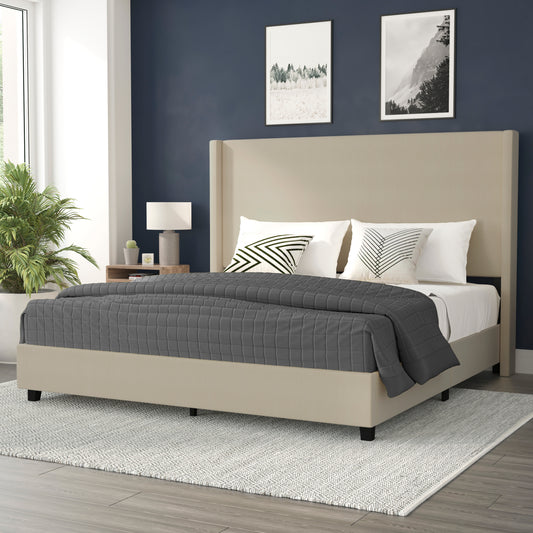 Quinn King Upholstered Platform Bed with Channel Stitched Wingback Headboard, Mattress Foundation with Slatted Supports, No Box Spring Needed, Beige Beige