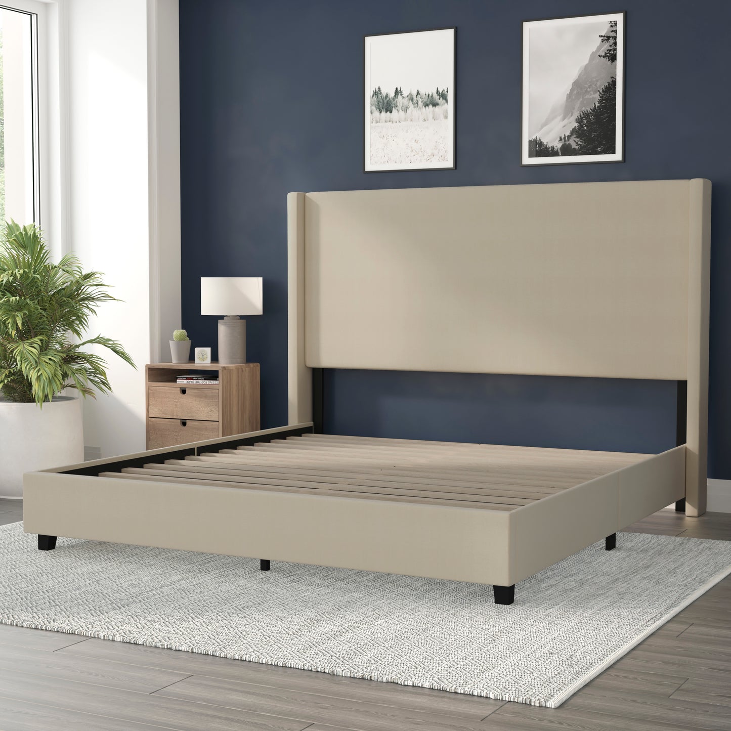 Quinn King Upholstered Platform Bed with Channel Stitched Wingback Headboard, Mattress Foundation with Slatted Supports, No Box Spring Needed, Beige Beige